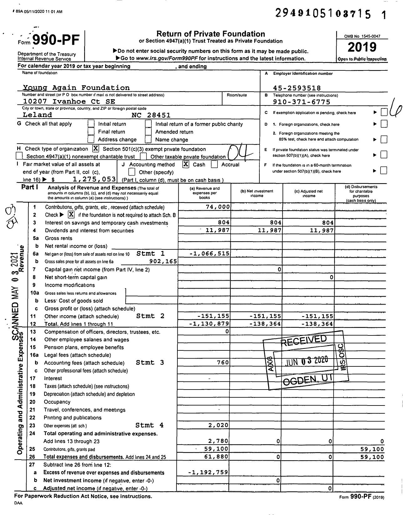 Image of first page of 2019 Form 990PF for Young Again Foundation