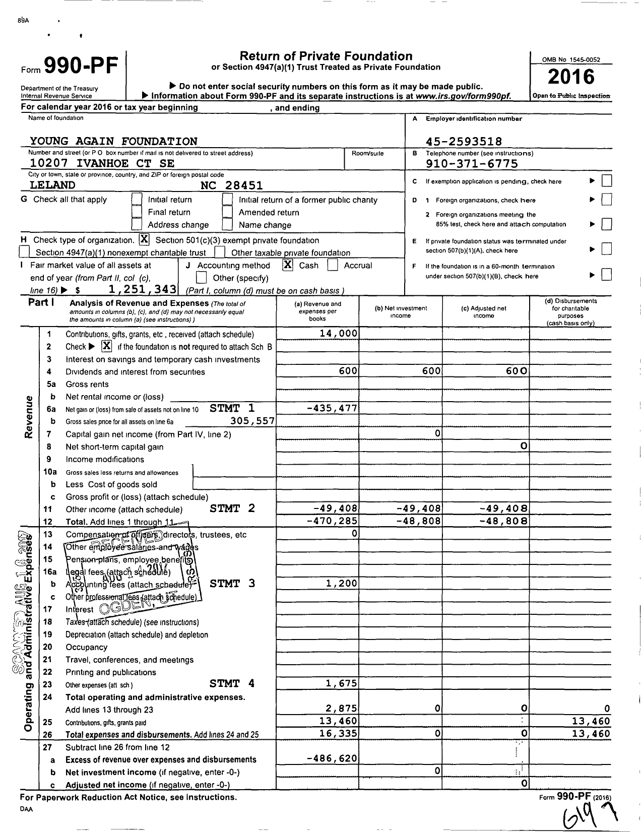 Image of first page of 2016 Form 990PF for Young Again Foundation