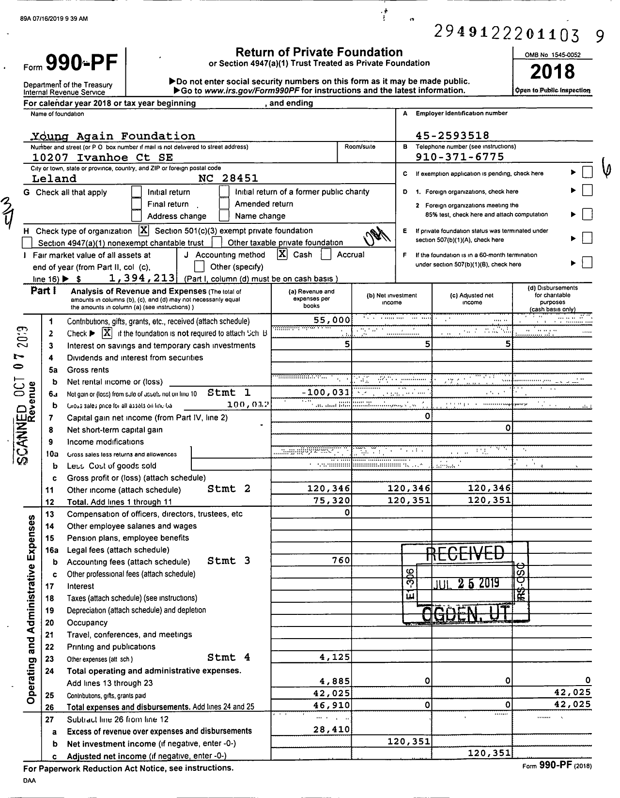 Image of first page of 2018 Form 990PF for Young Again Foundation