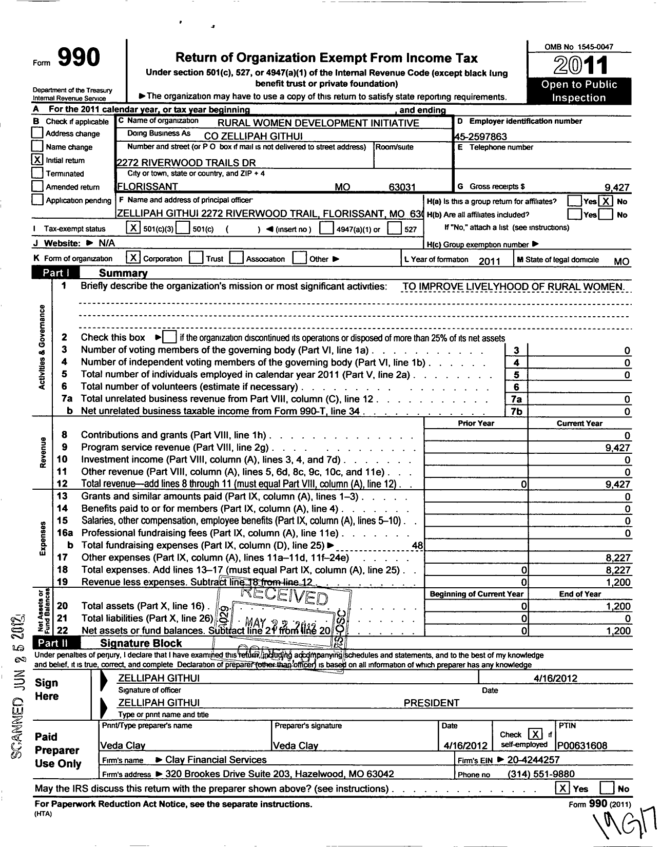 Image of first page of 2011 Form 990 for Project Goldfinger