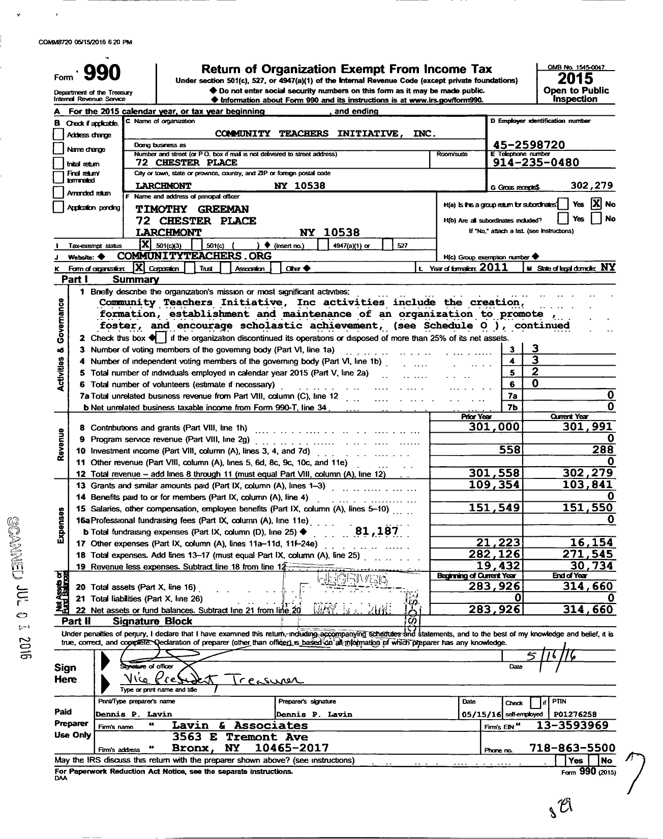 Image of first page of 2015 Form 990 for Community Teachers Initiative