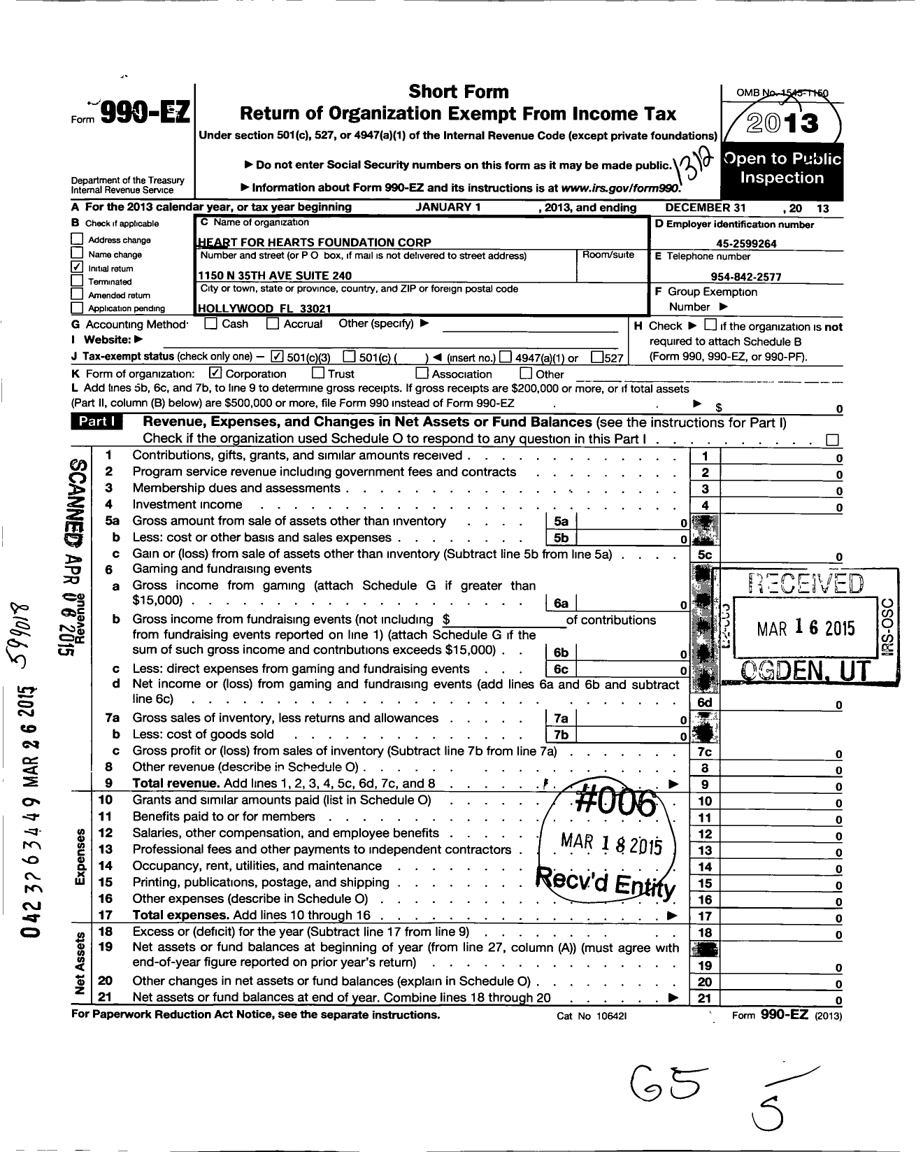 Image of first page of 2013 Form 990EZ for Heart for Hearts Foundation Corporation