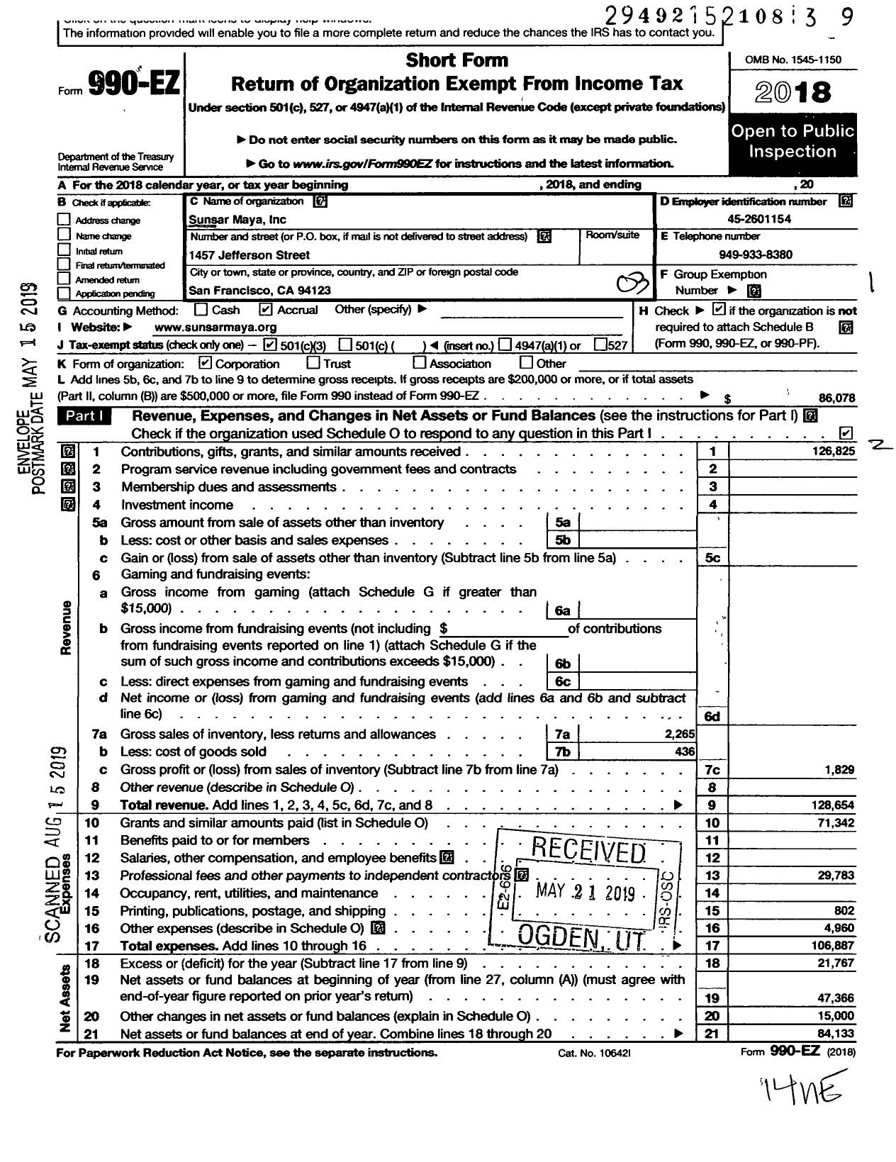 Image of first page of 2018 Form 990EZ for Sunsar Maya