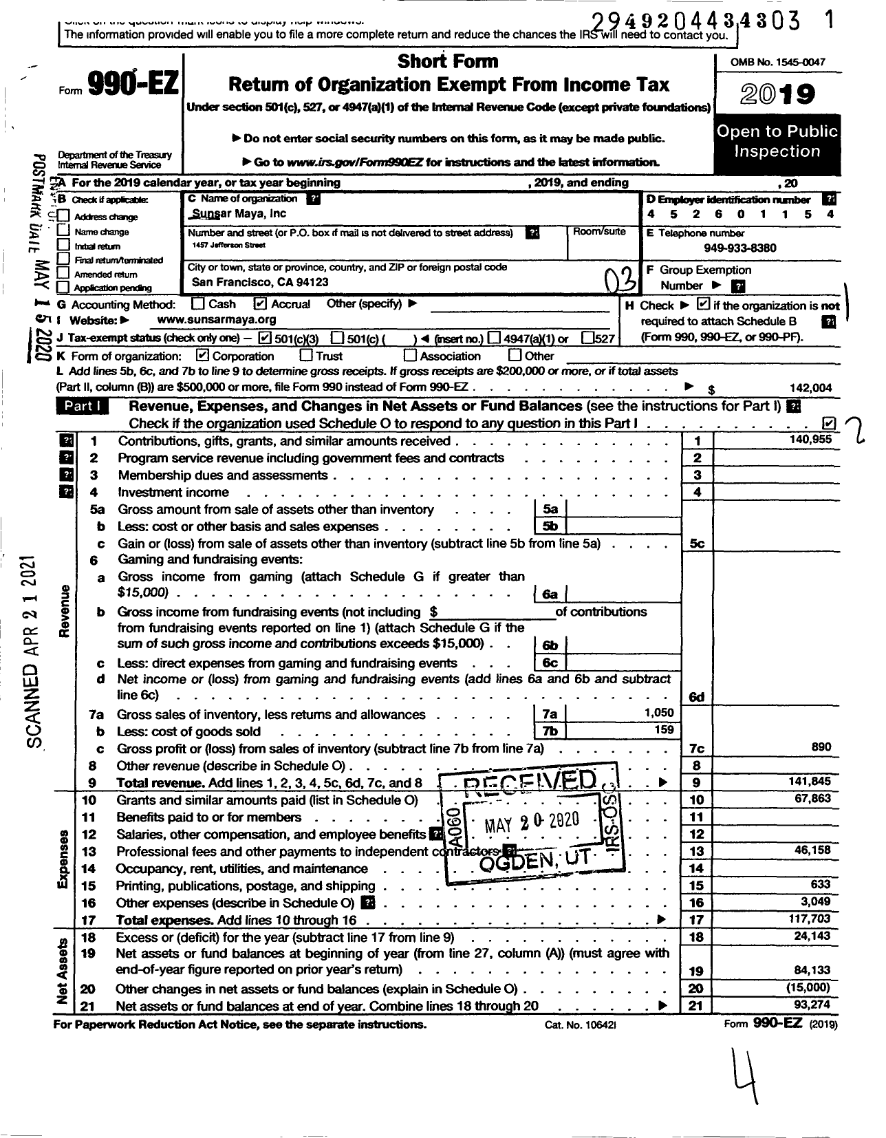 Image of first page of 2019 Form 990EZ for Sunsar Maya