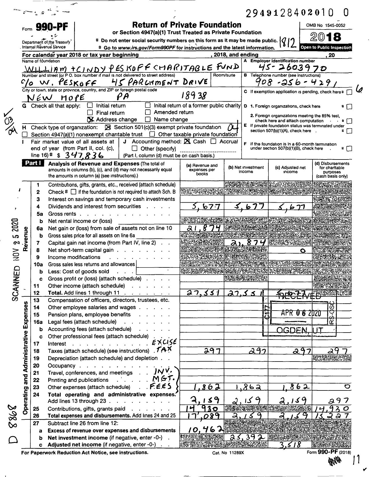 Image of first page of 2018 Form 990PF for William and Cindy Peskoff Charitable Fund