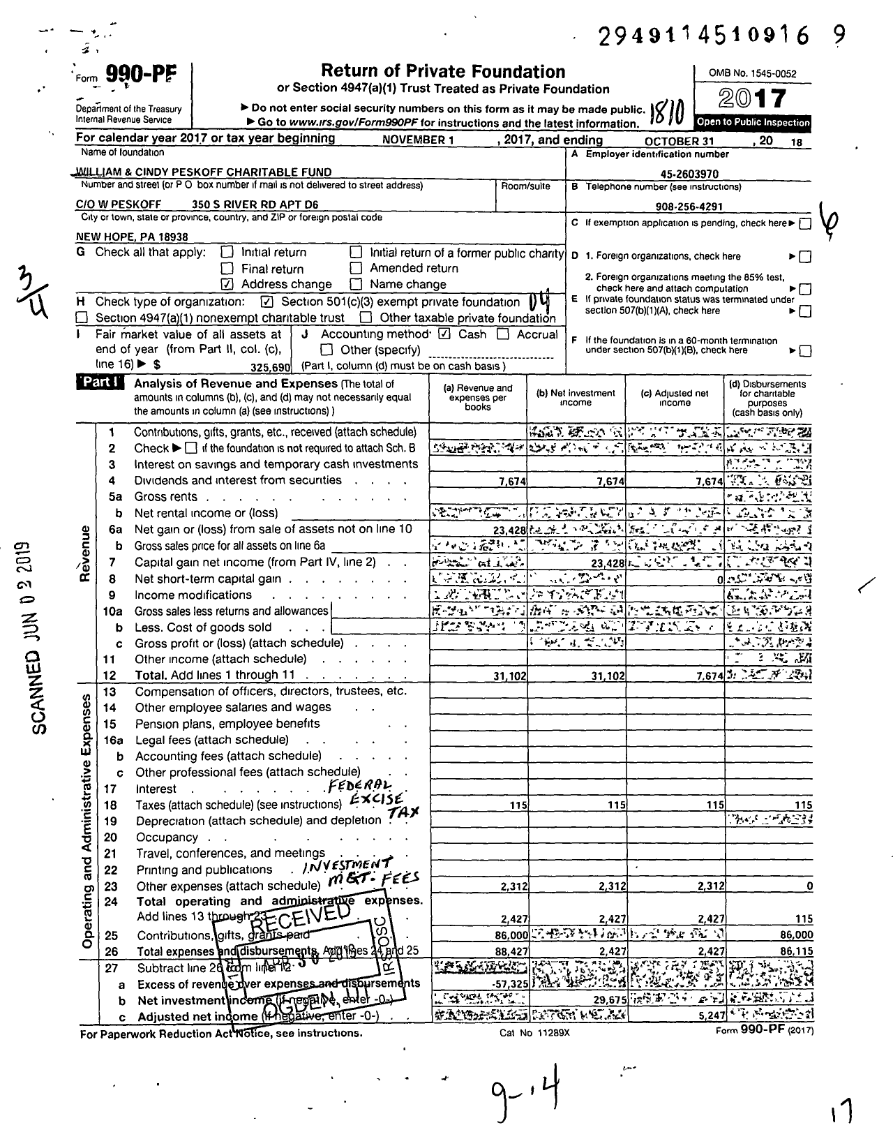 Image of first page of 2017 Form 990PF for William and Cindy Peskoff Charitable Fund