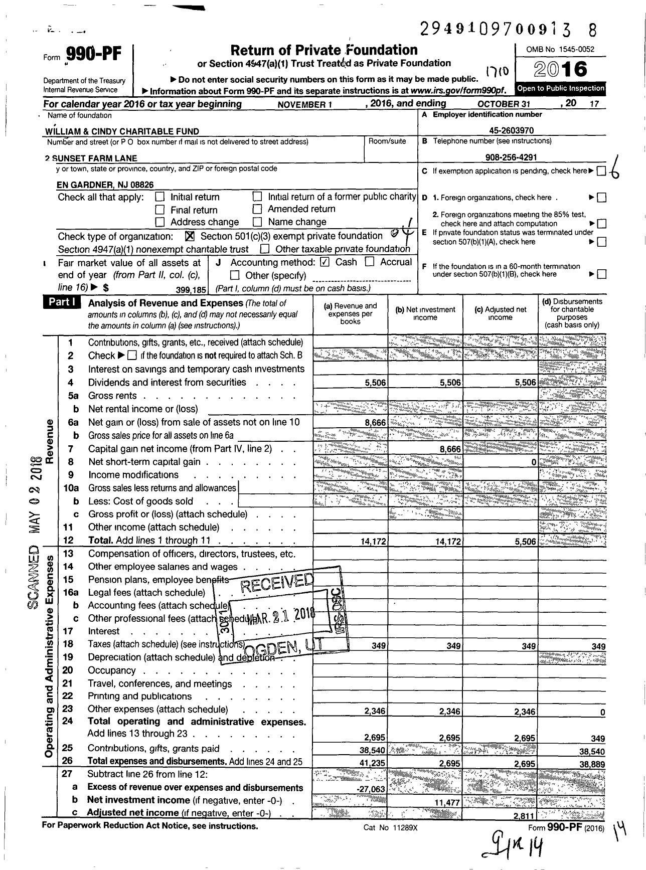 Image of first page of 2016 Form 990PF for William and Cindy Peskoff Charitable Fund