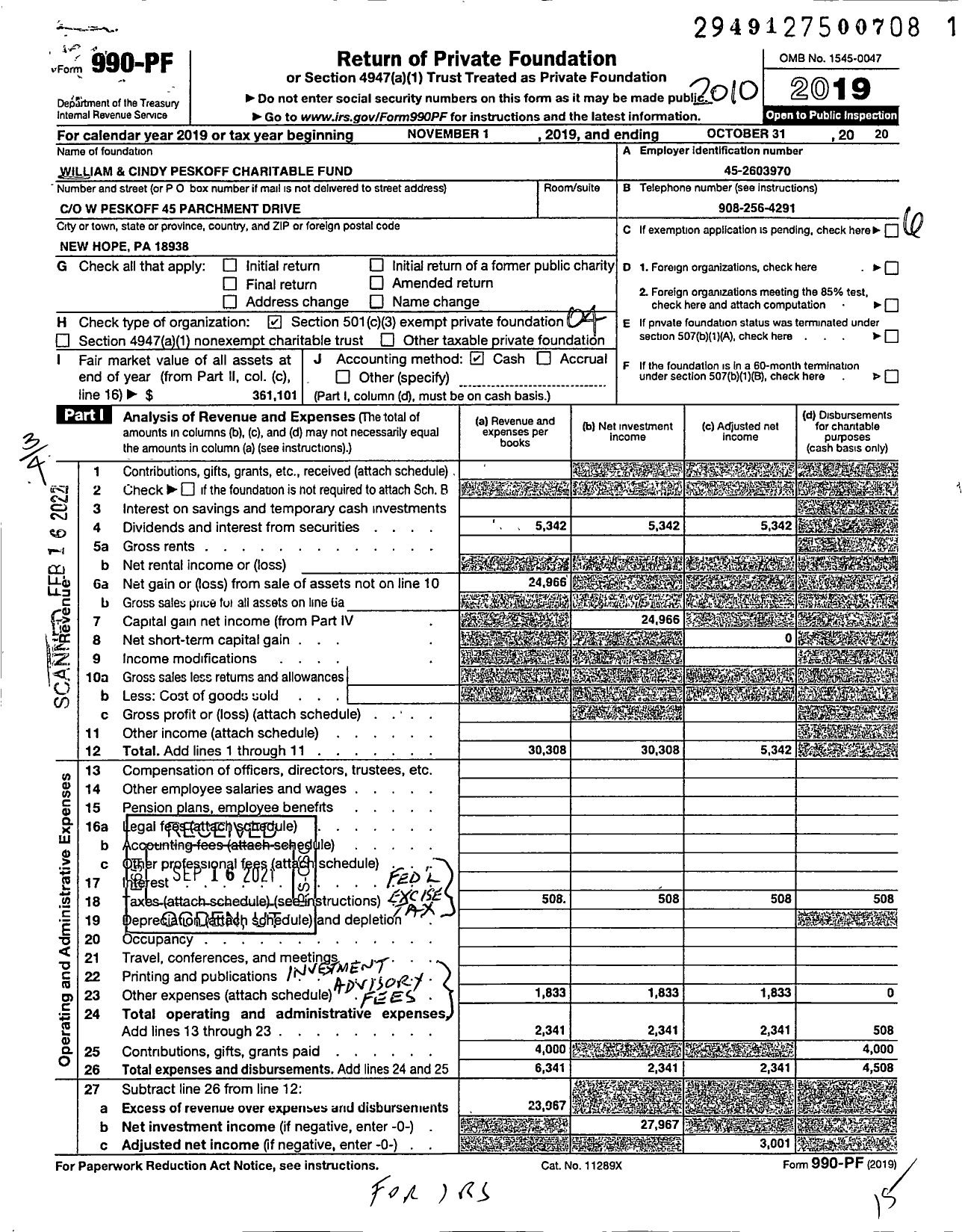 Image of first page of 2019 Form 990PF for William and Cindy Peskoff Charitable Fund