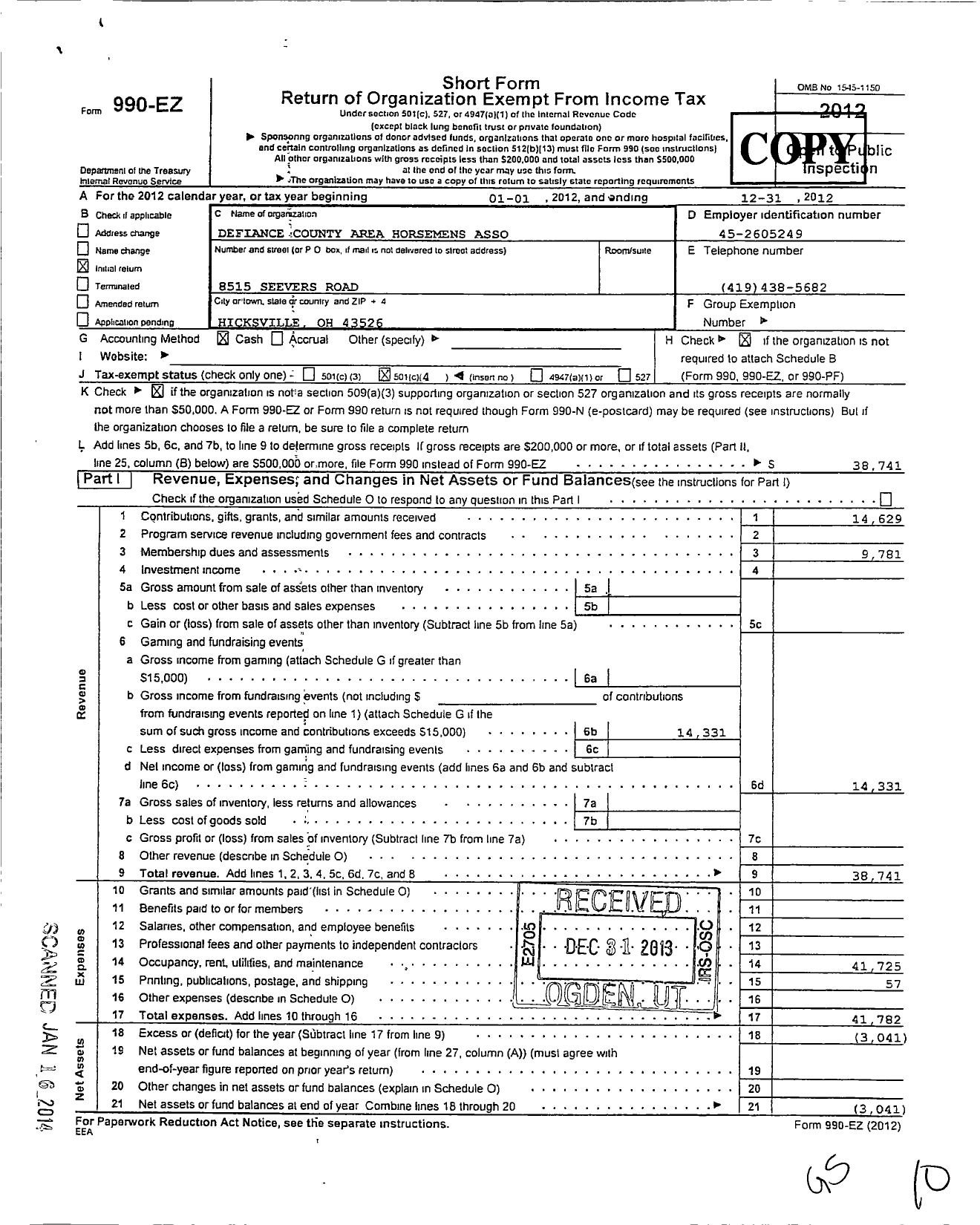 Image of first page of 2012 Form 990EO for Defiance County Area Horsemens Association