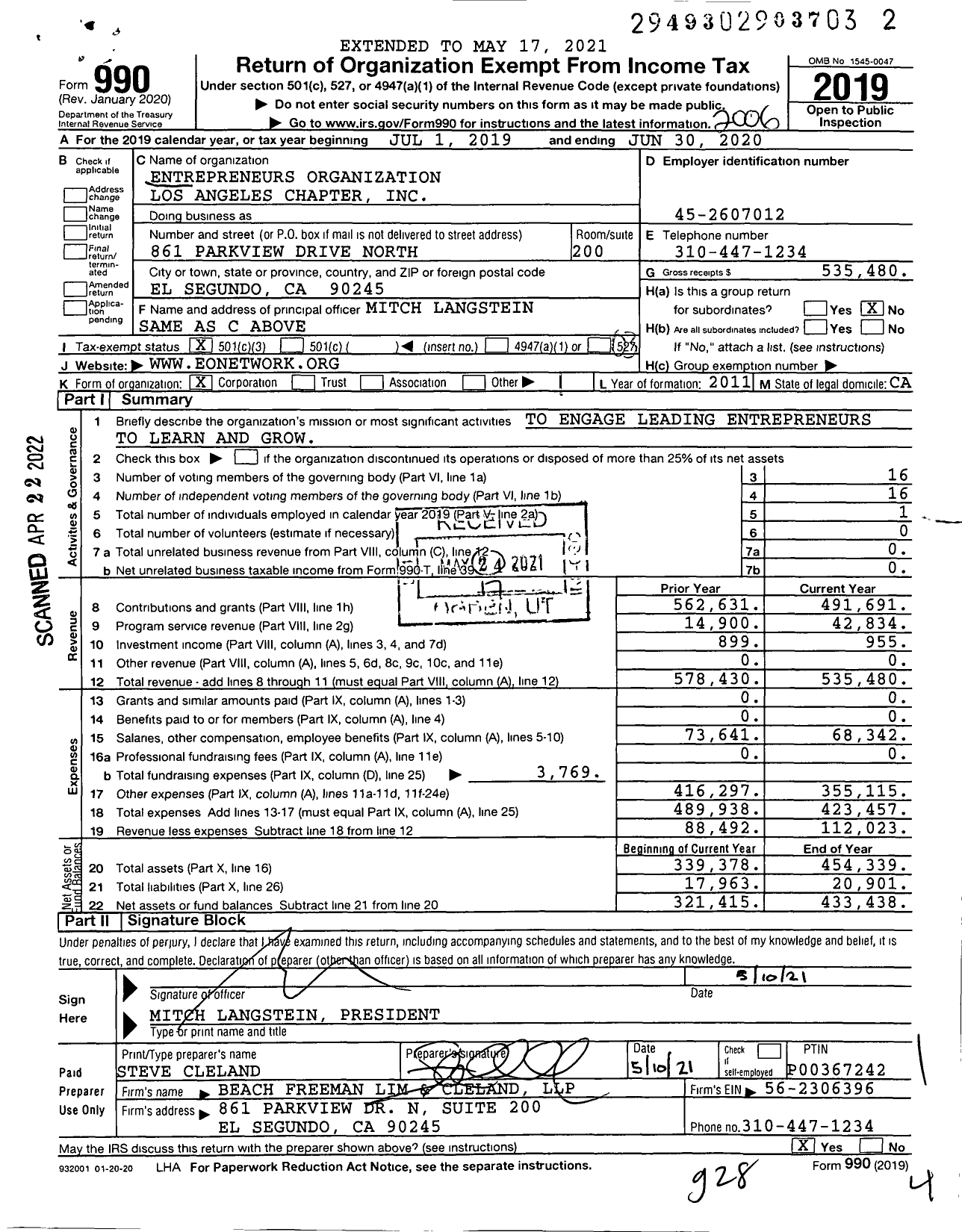 Image of first page of 2019 Form 990 for Young Entrepreneurs' Organization - Los Angeles Chapter