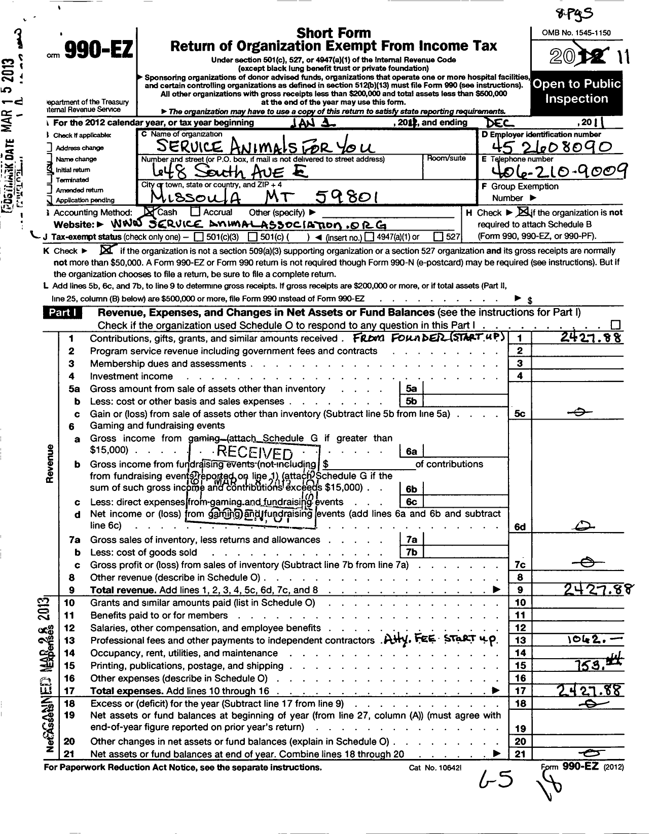 Image of first page of 2011 Form 990EO for Service Animals for You