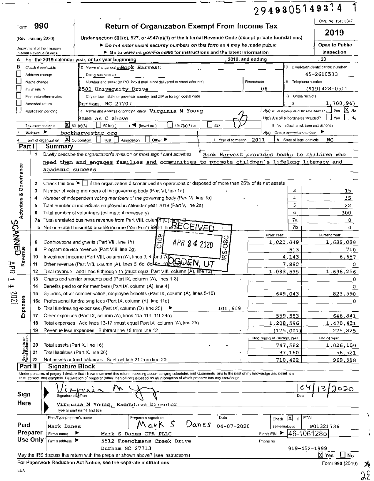 Image of first page of 2019 Form 990 for Book Harvest