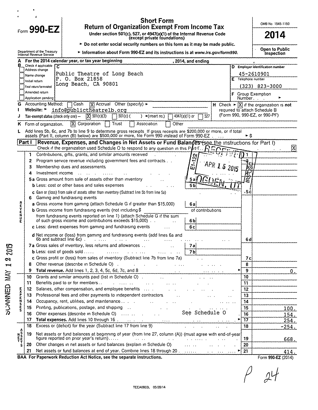 Image of first page of 2014 Form 990EZ for Public Theatre of Long Beach