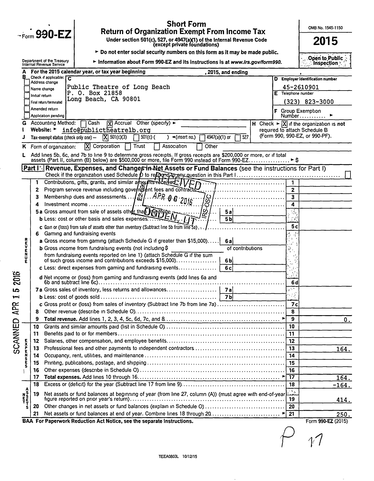 Image of first page of 2015 Form 990EZ for Public Theatre of Long Beach