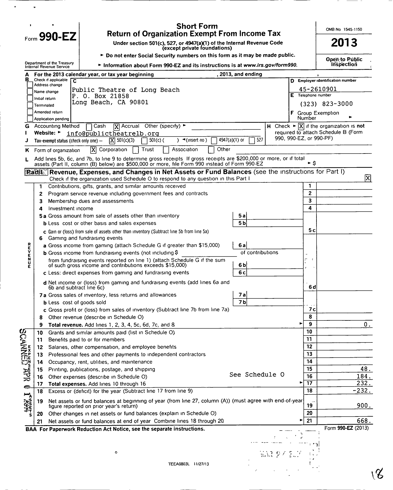 Image of first page of 2013 Form 990EZ for Public Theatre of Long Beach