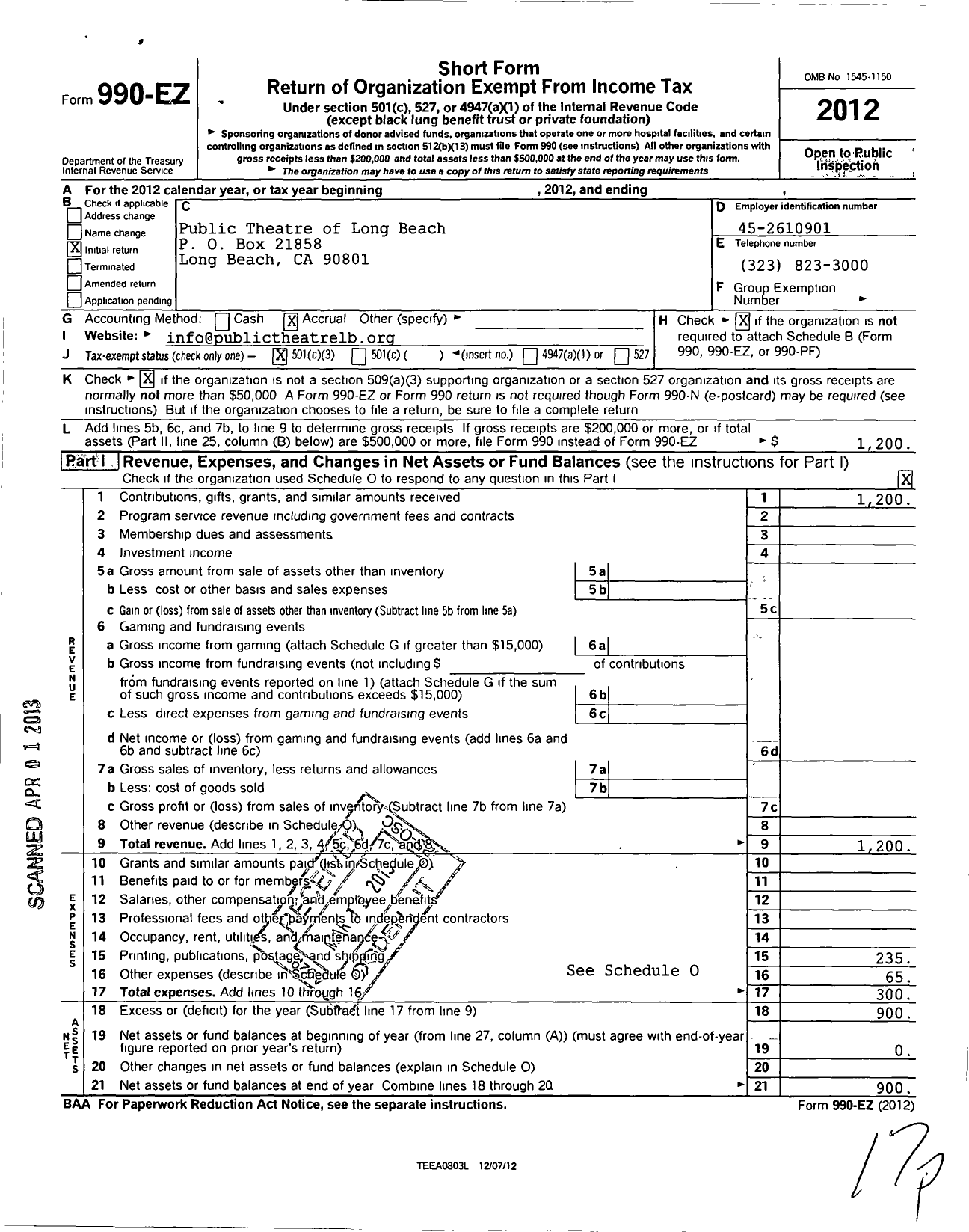 Image of first page of 2012 Form 990EZ for Public Theatre of Long Beach