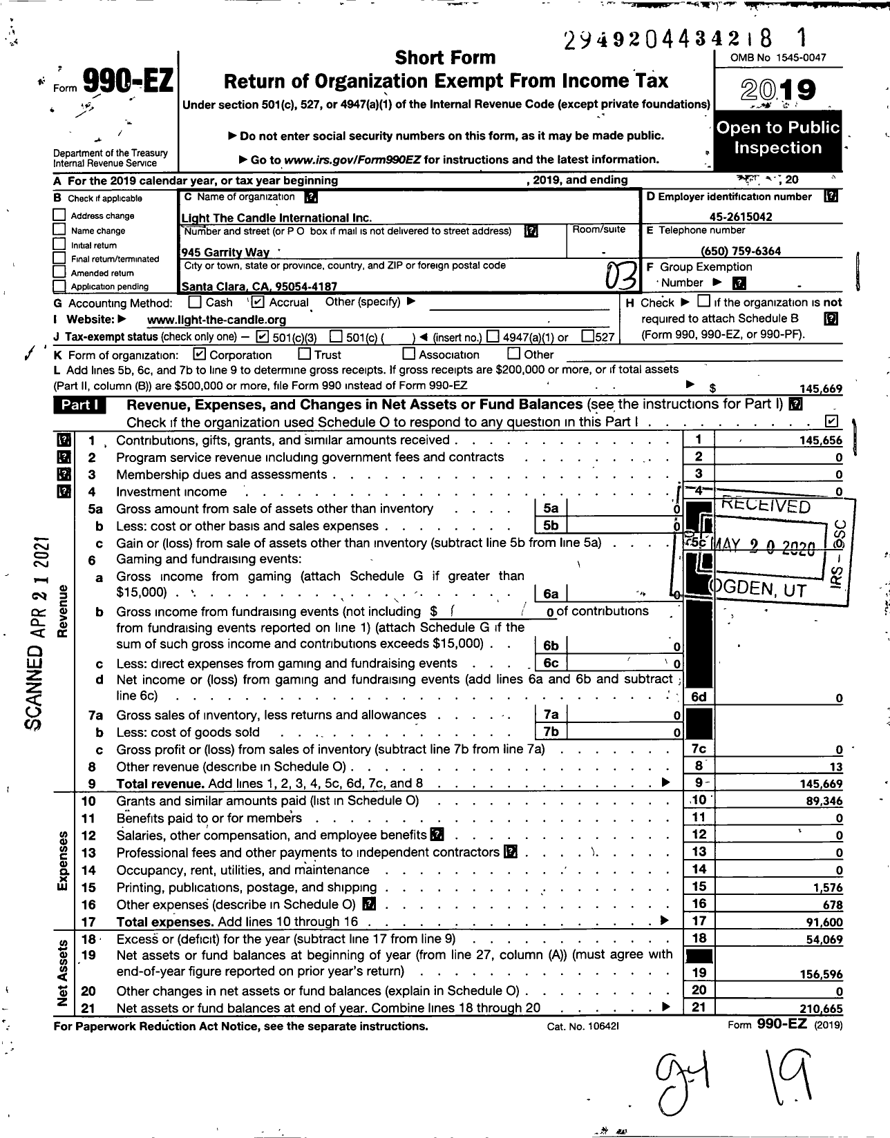 Image of first page of 2019 Form 990EZ for Light the Candle International