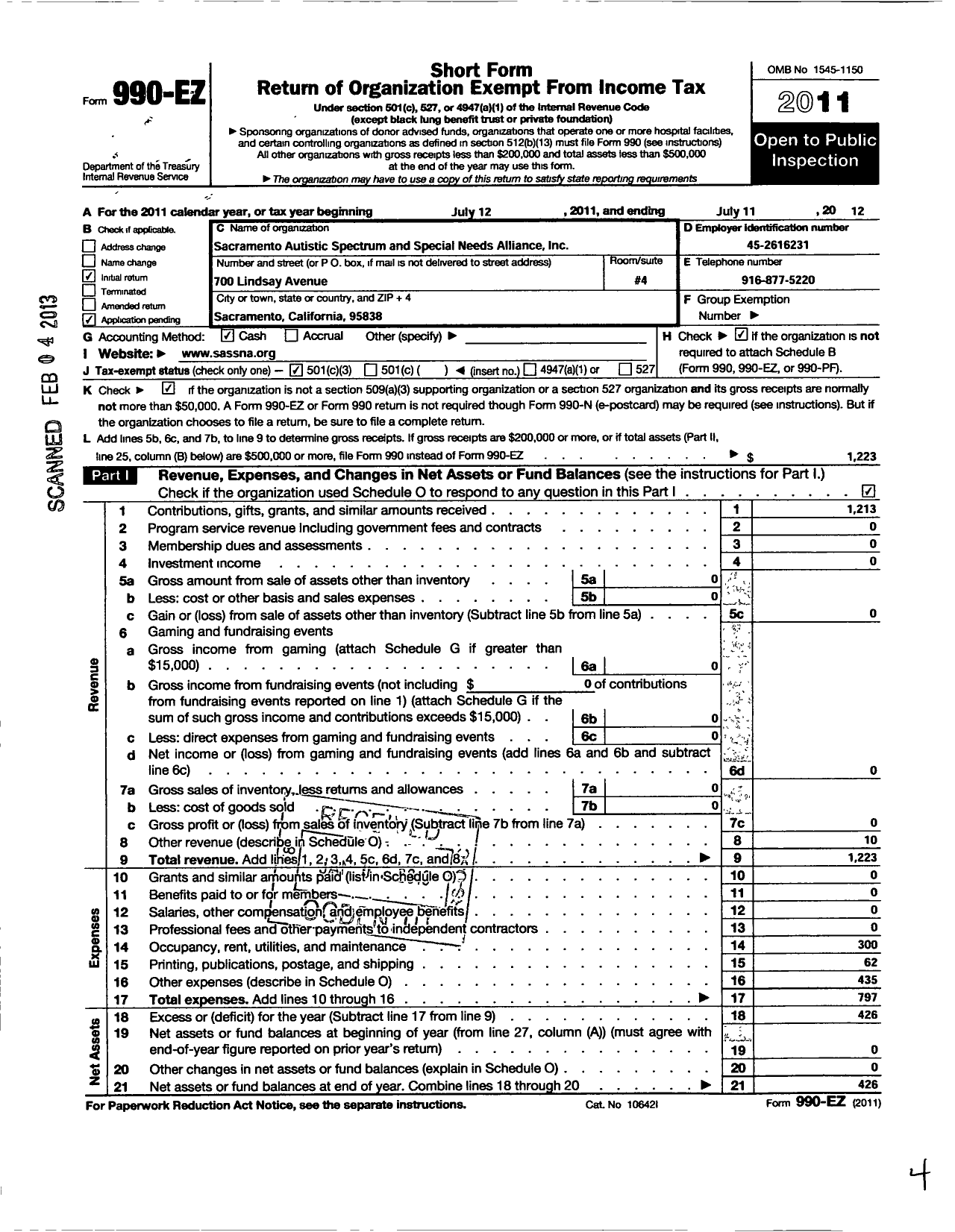 Image of first page of 2011 Form 990EZ for Sacramento Autistic Spectrum and Special Needs Alliance