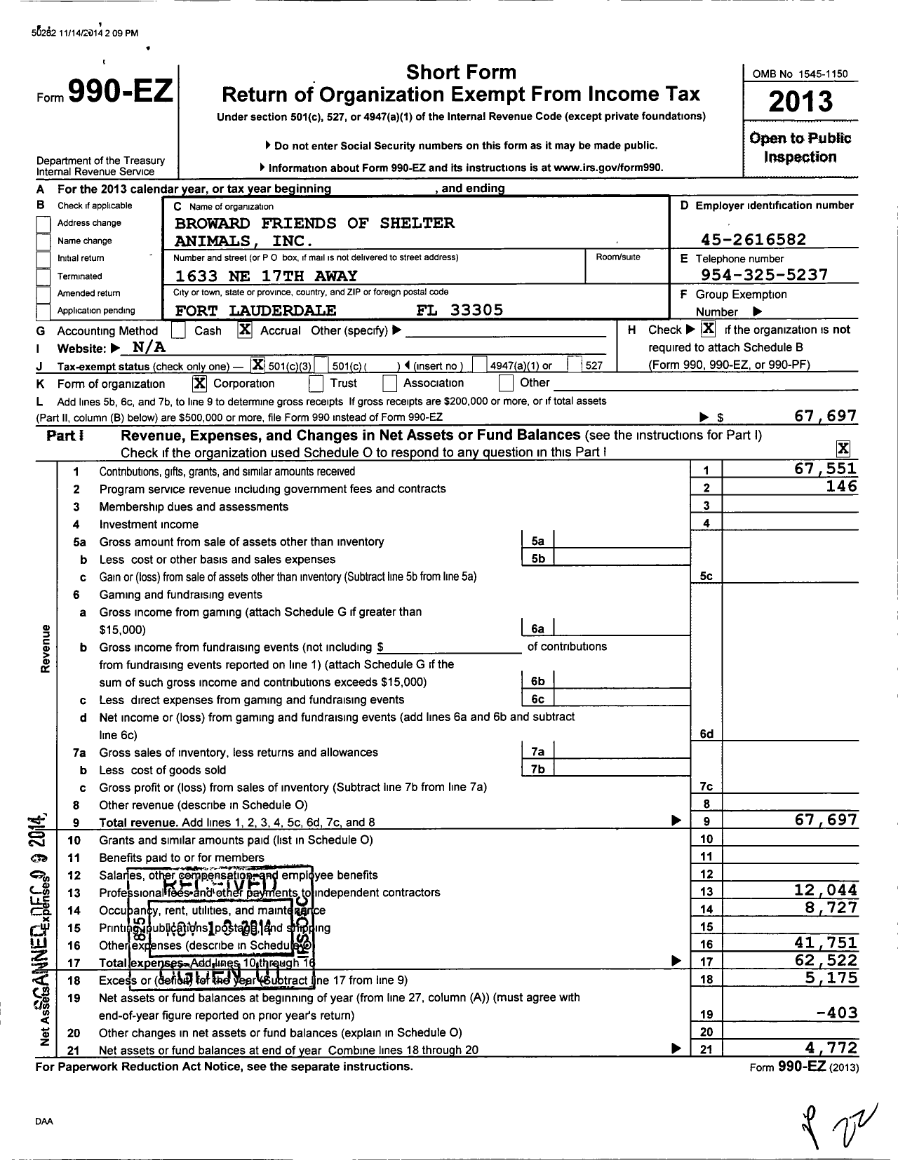 Image of first page of 2013 Form 990EZ for Broward Friends of Shelter Animals (BFSA)