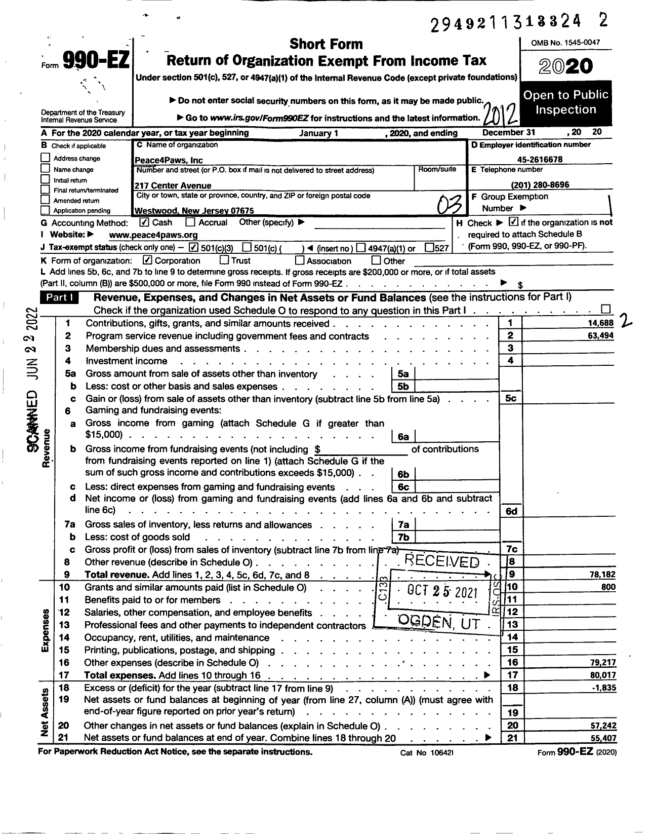 Image of first page of 2020 Form 990EZ for Peace4Paws