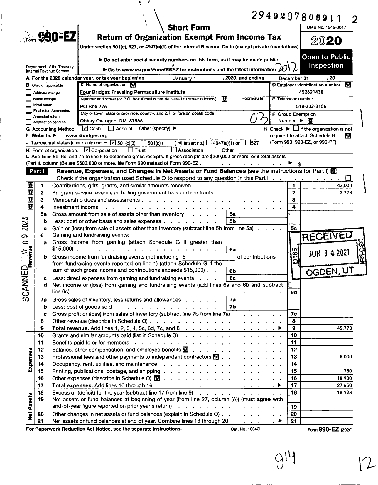 Image of first page of 2020 Form 990EZ for Four Bridges Traveling Permaculture Institute