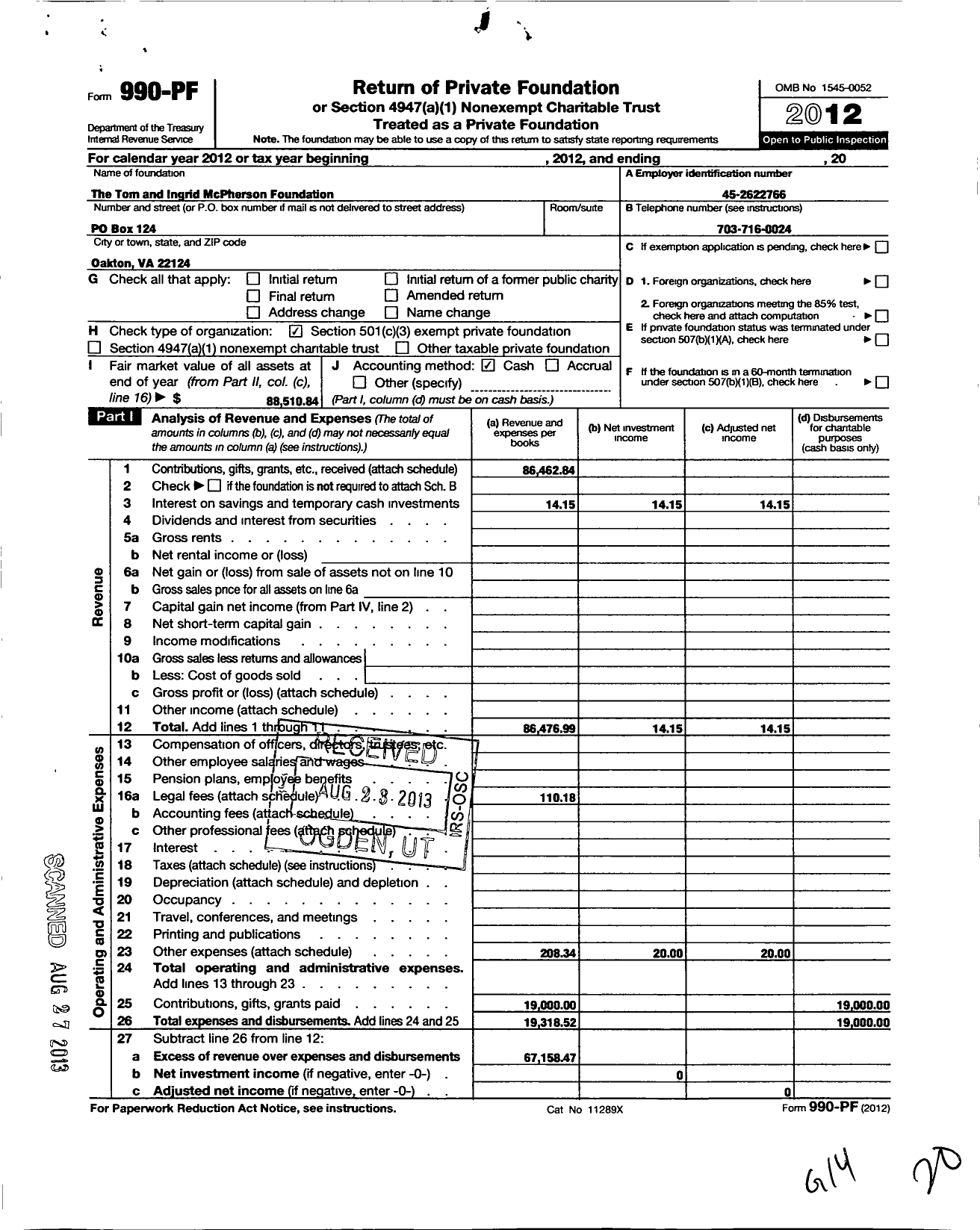 Image of first page of 2012 Form 990PF for The Tom and Ingrid Mcpherson Foundation