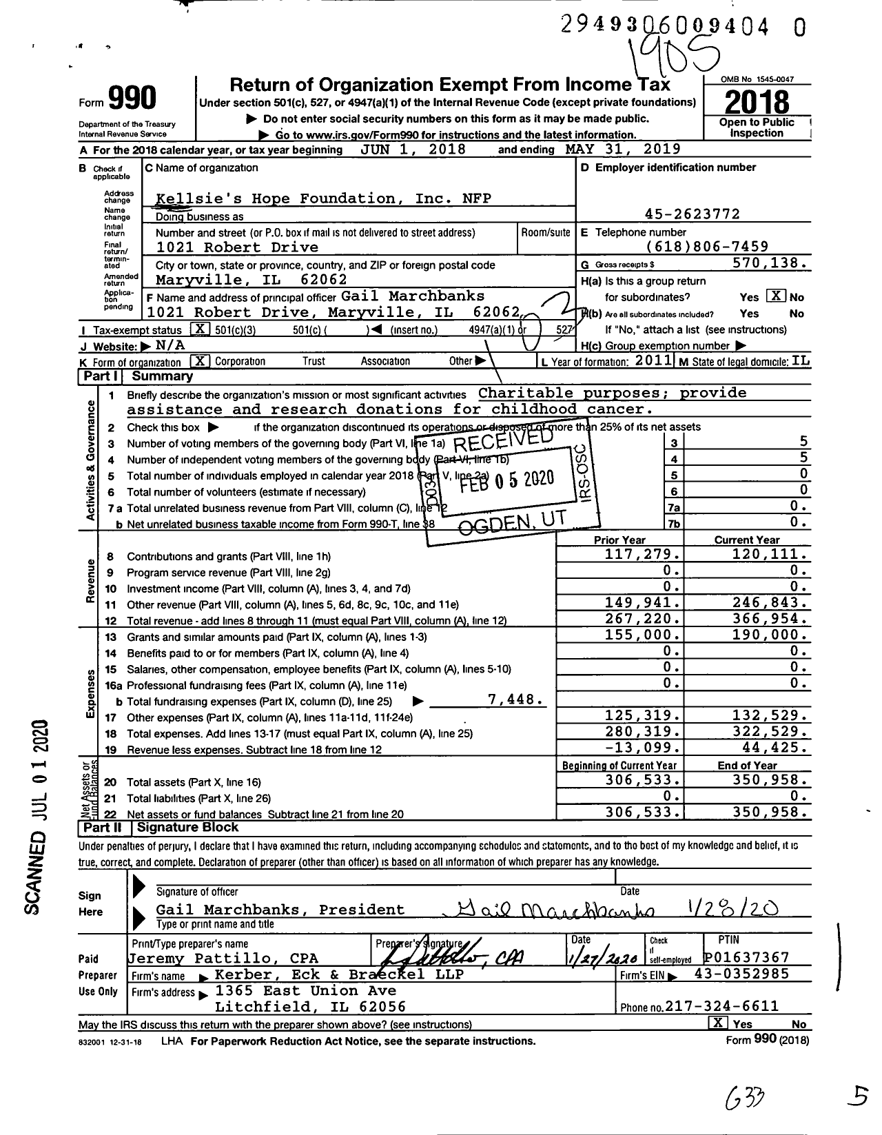 Image of first page of 2018 Form 990 for Kellsie's Hope Foundation Inc NFP