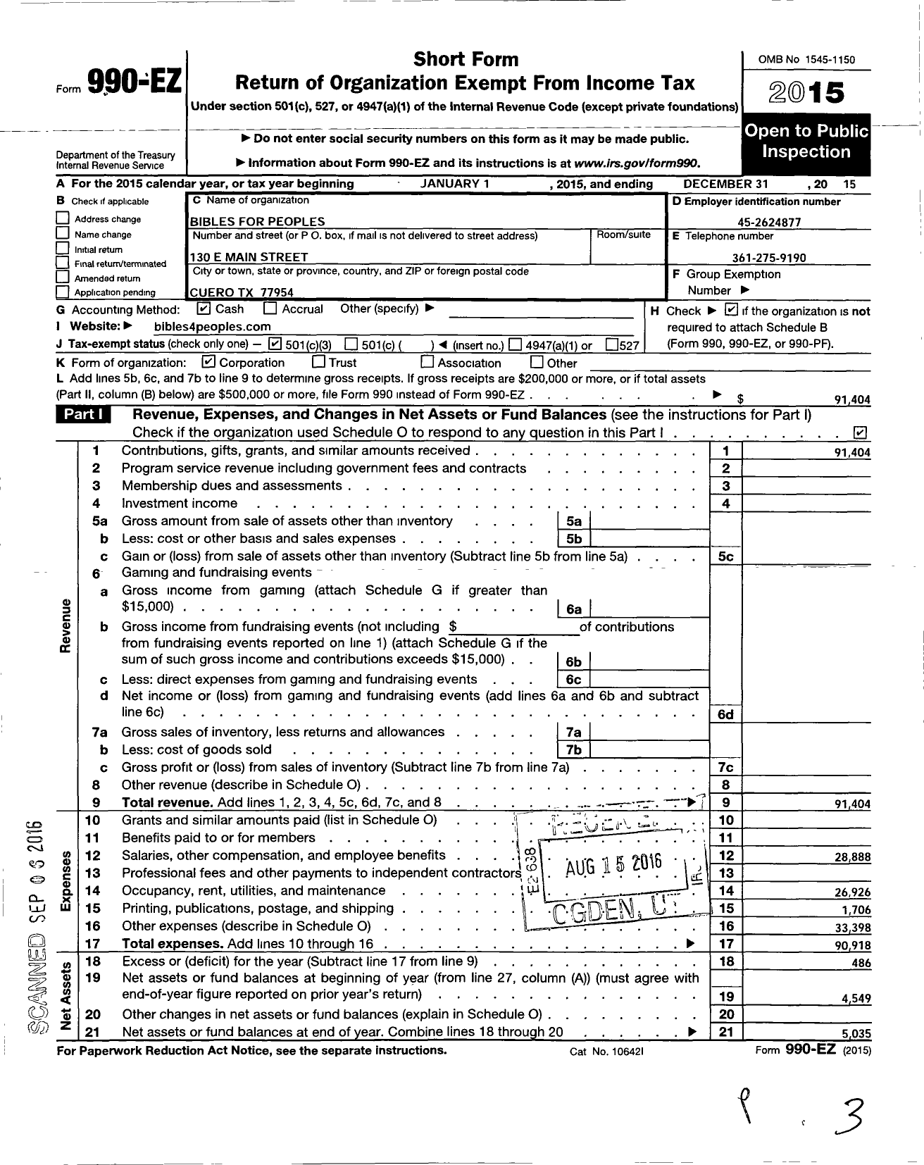 Image of first page of 2015 Form 990EZ for Bibles for Peoples