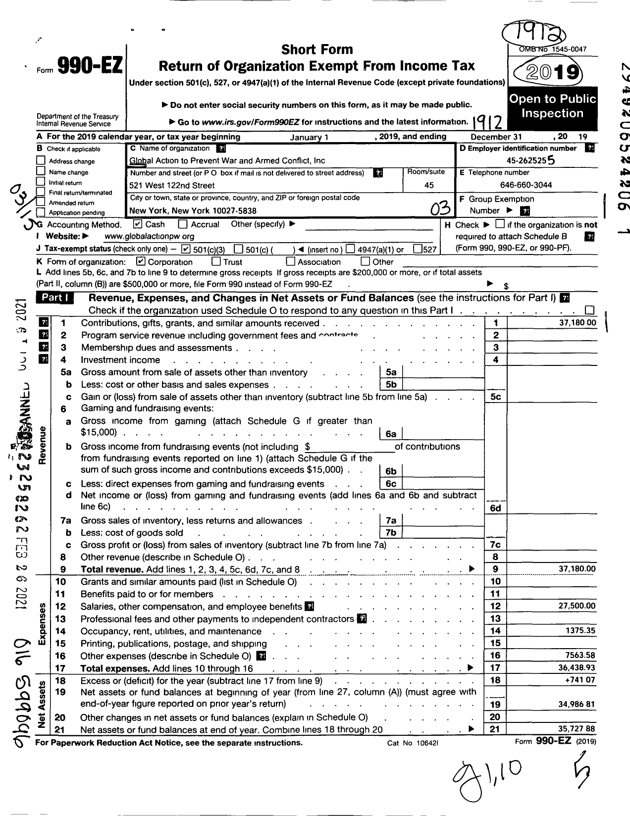 Image of first page of 2019 Form 990EZ for Global Action To Prevent War and Armed Conflict