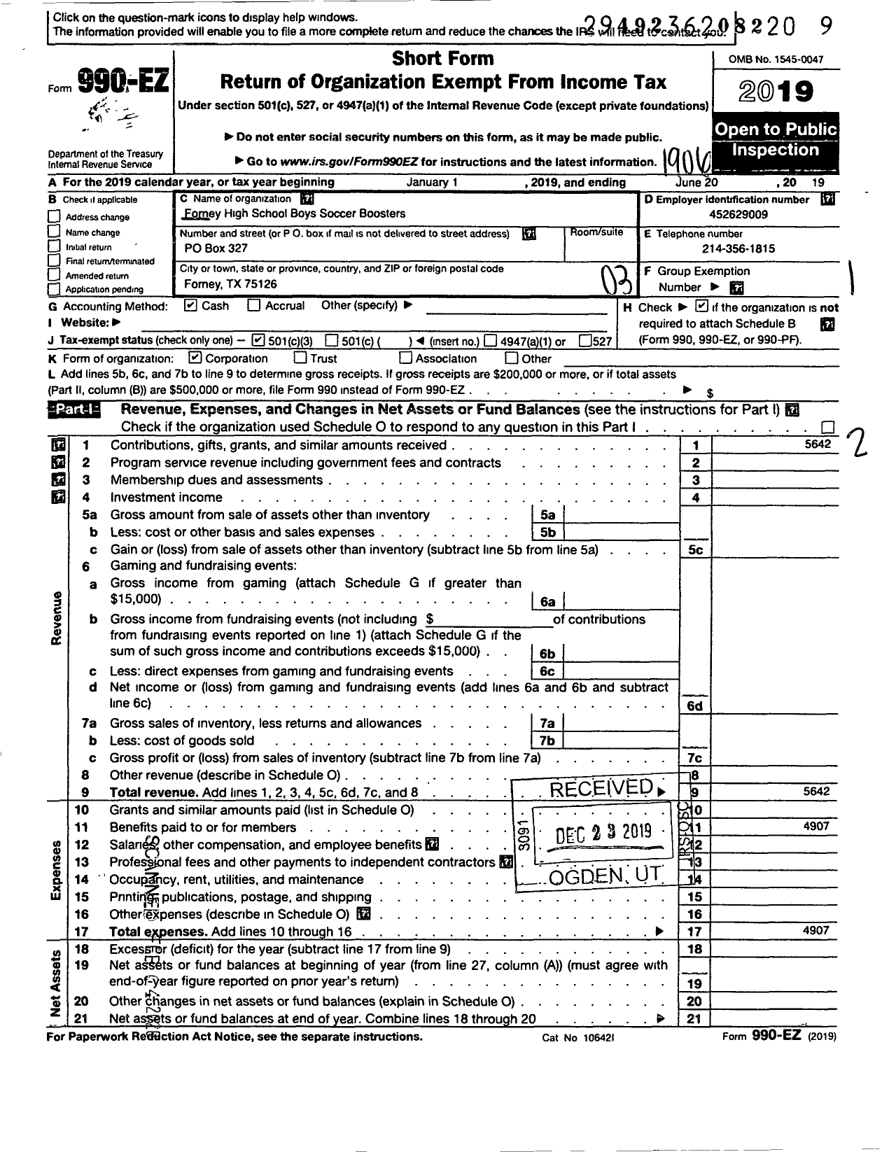 Image of first page of 2018 Form 990EZ for Forney High School Boys Soccer Boosters