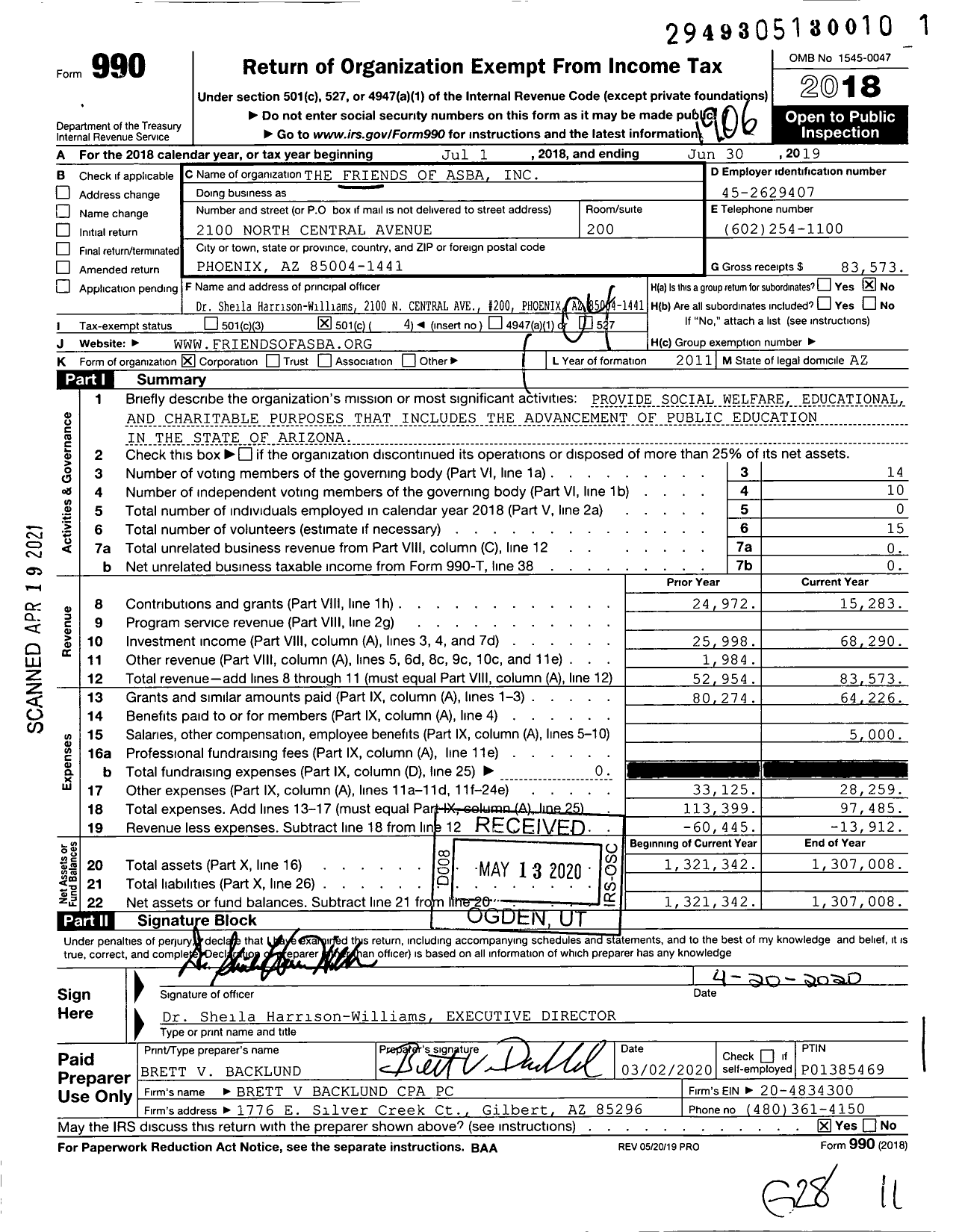 Image of first page of 2018 Form 990O for The Friends of Asba