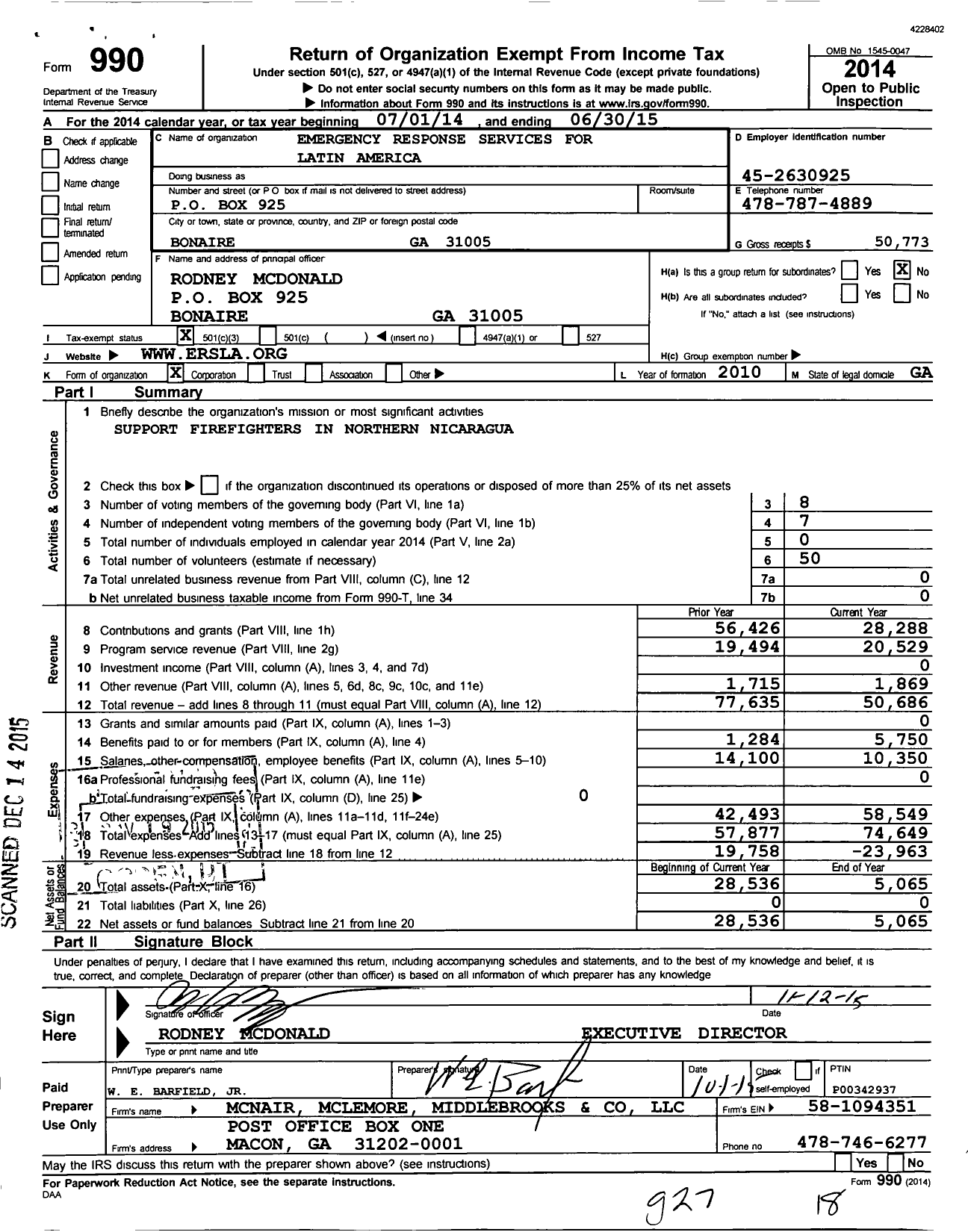 Image of first page of 2014 Form 990 for Emergency Response Services for Mcdonald