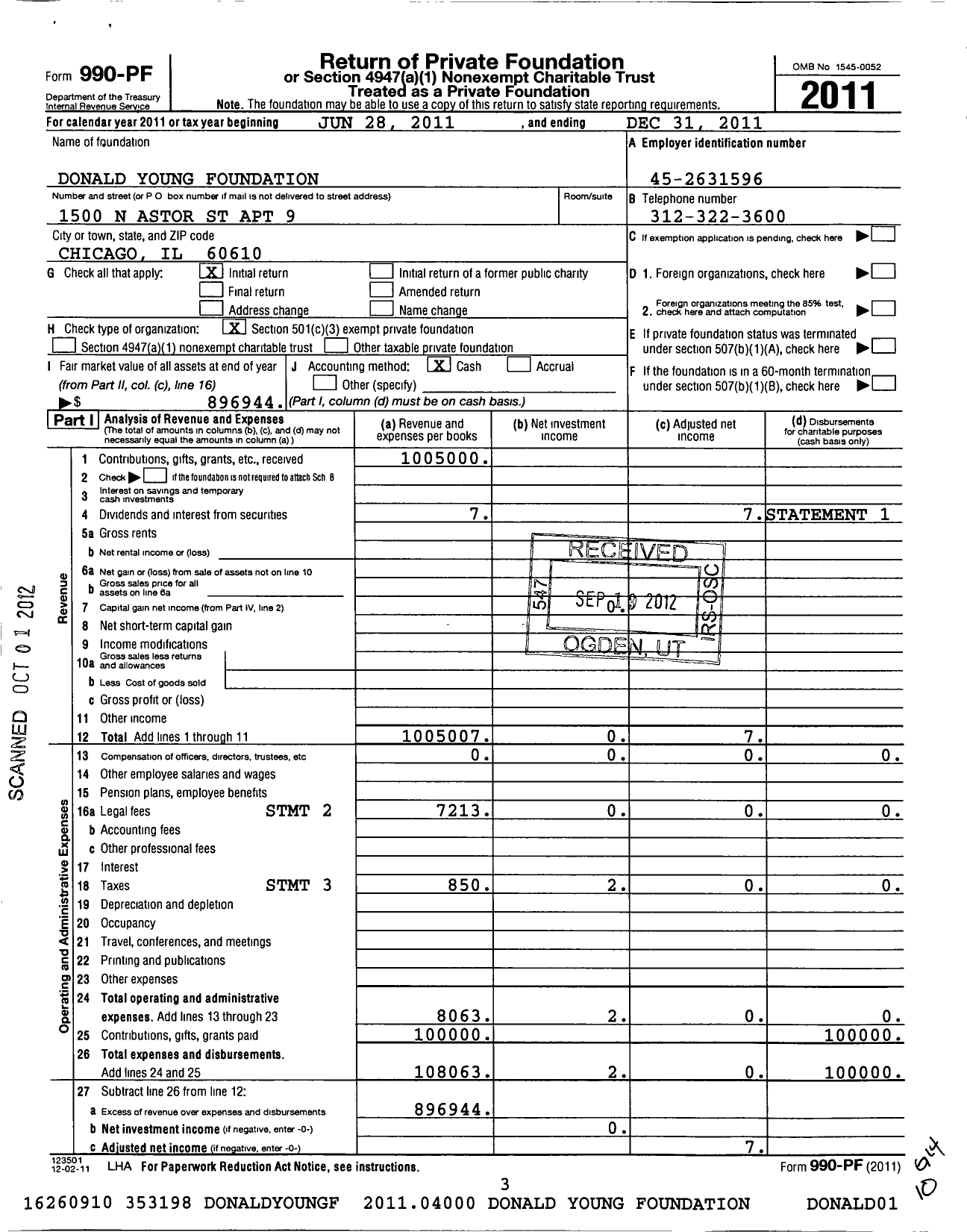 Image of first page of 2011 Form 990PF for Donald Young Foundation