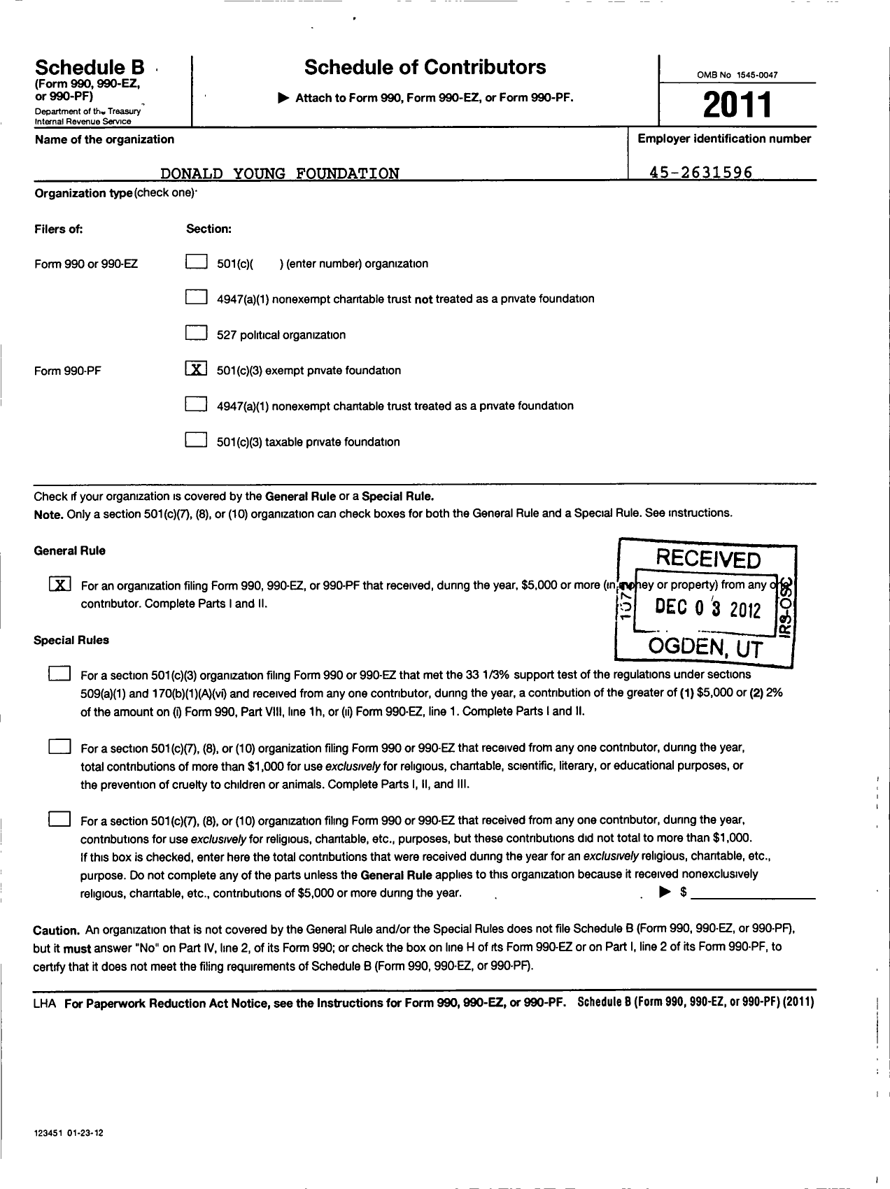 Image of first page of 2011 Form 990PR for Donald Young Foundation