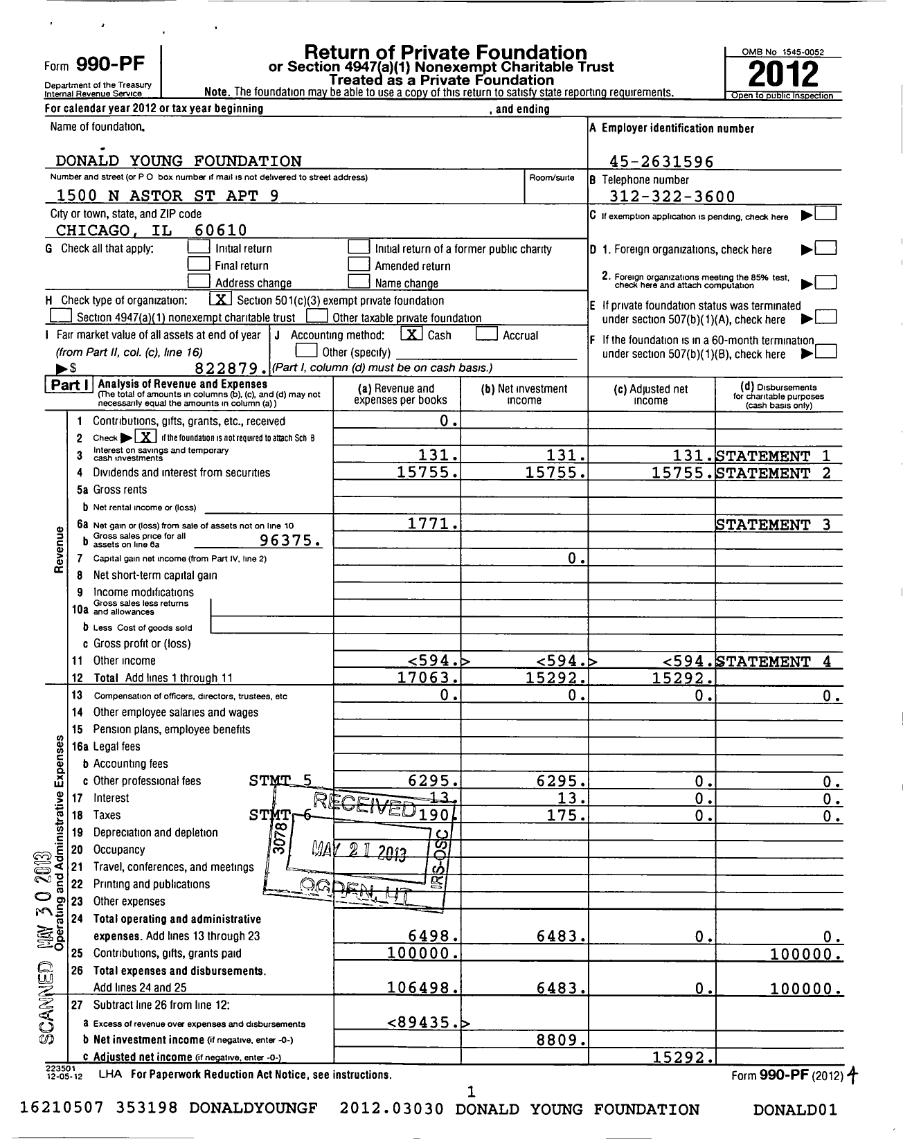 Image of first page of 2012 Form 990PF for Donald Young Foundation