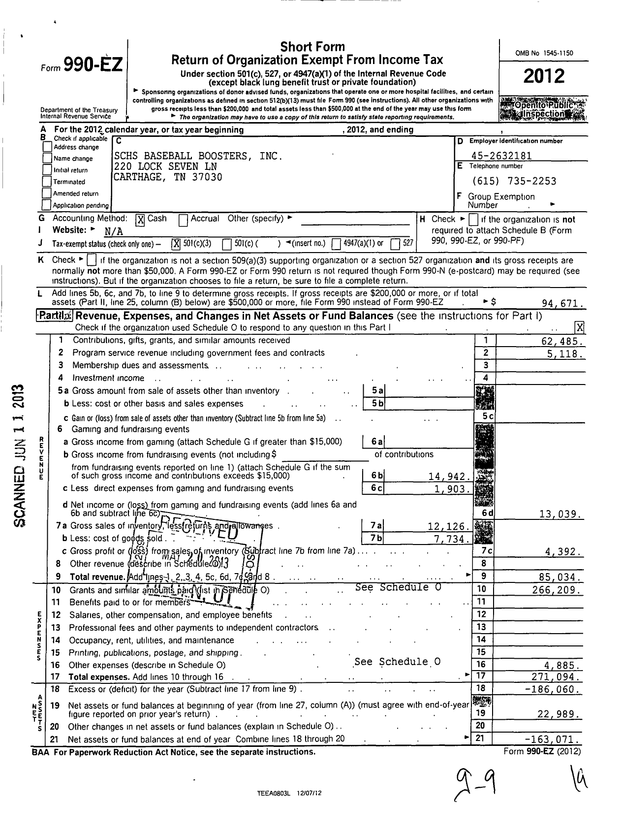 Image of first page of 2012 Form 990EZ for SCHS Baseball Boosters