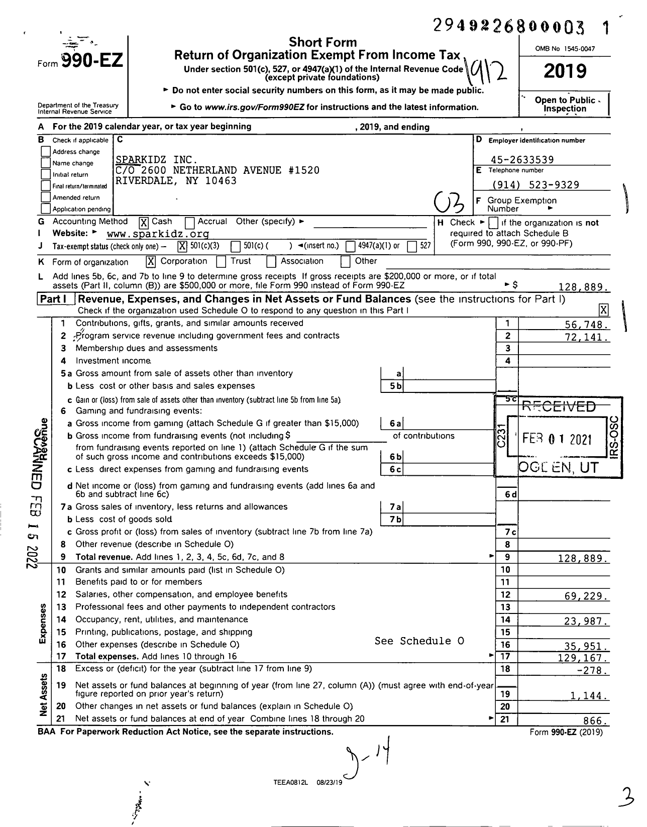 Image of first page of 2019 Form 990EZ for Sparkidz