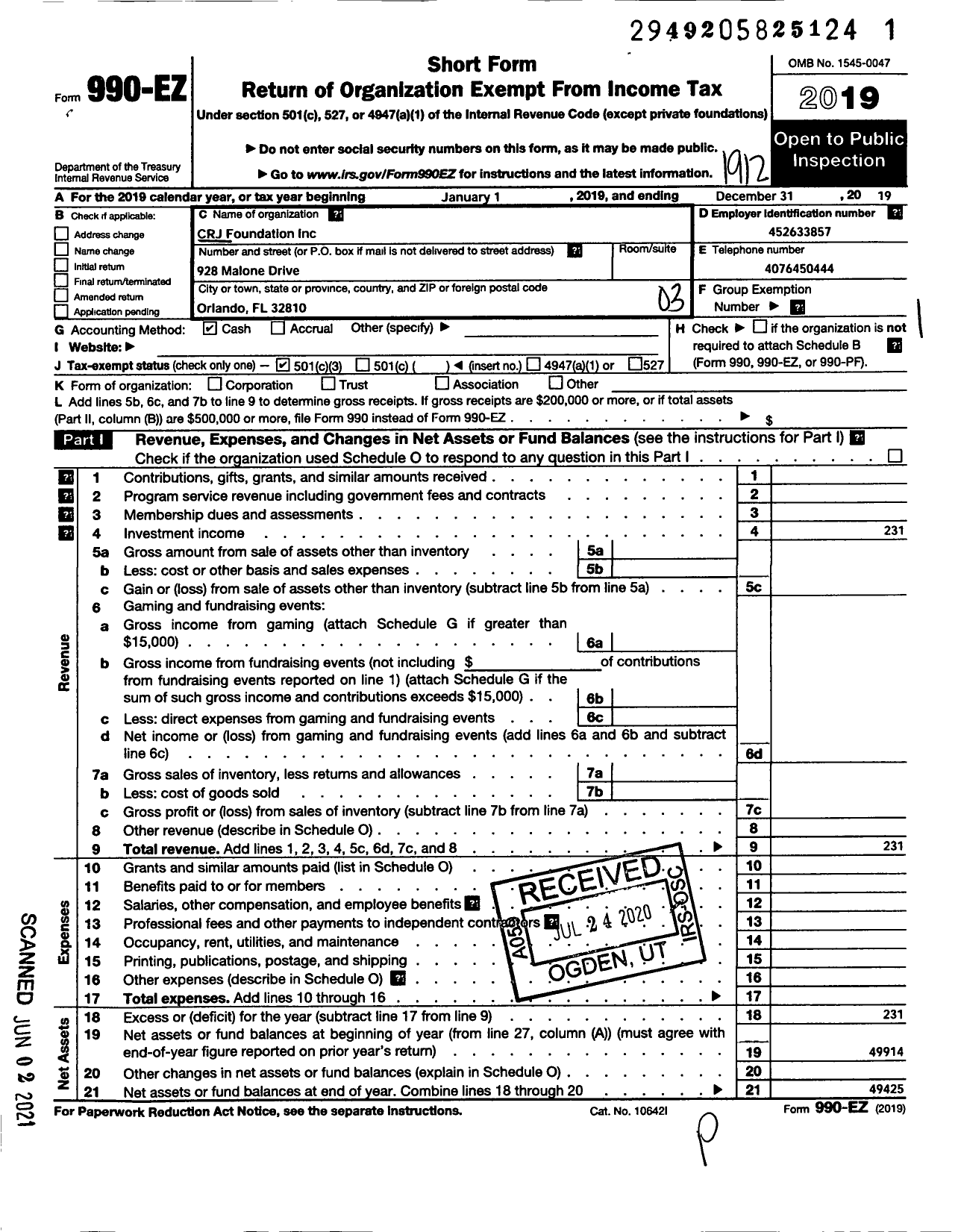 Image of first page of 2019 Form 990EZ for CRJ Foundation