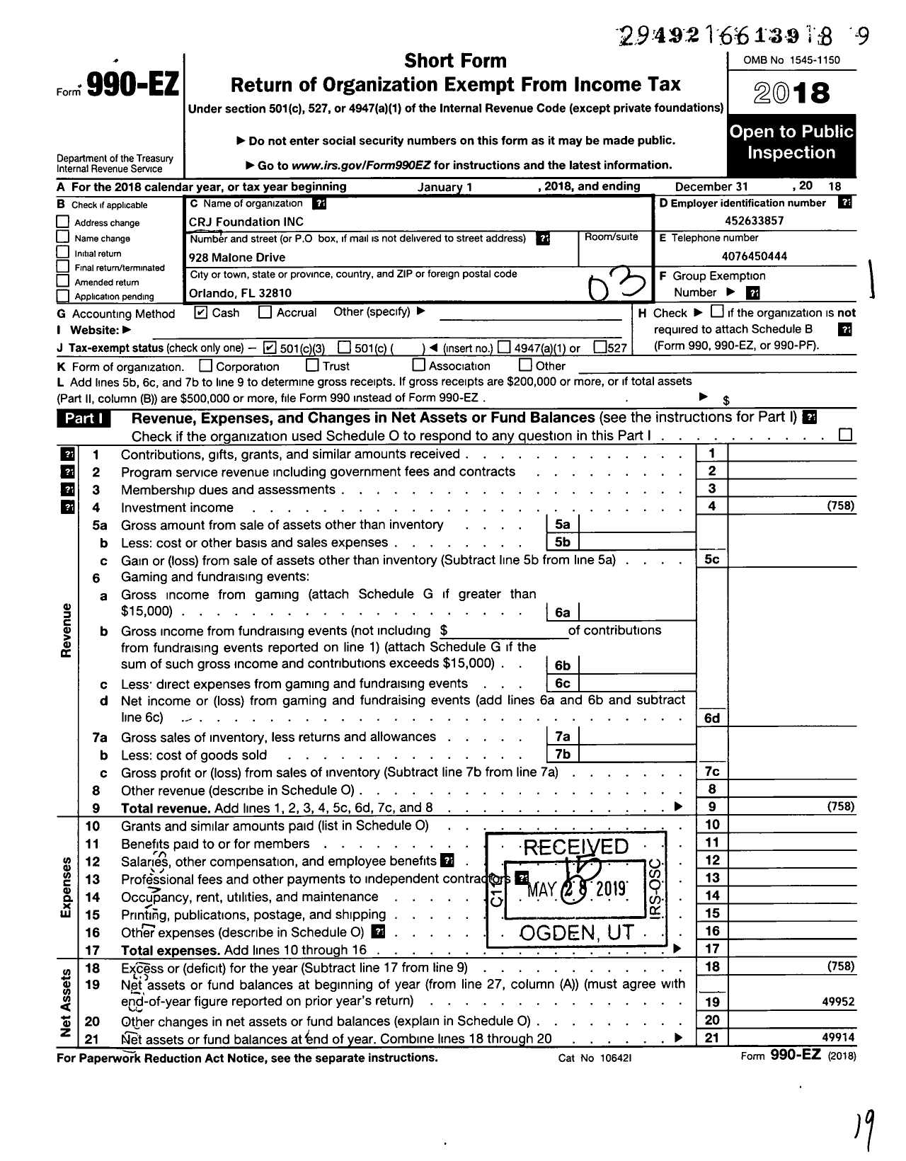 Image of first page of 2018 Form 990EZ for CRJ Foundation