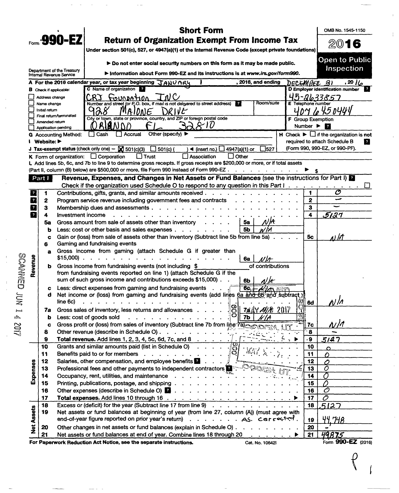 Image of first page of 2016 Form 990EZ for CRJ Foundation