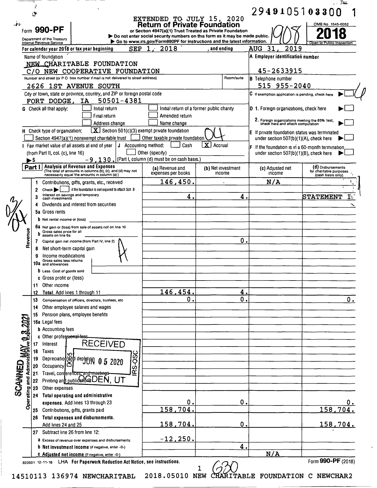 Image of first page of 2018 Form 990PF for New Charitable Foundation