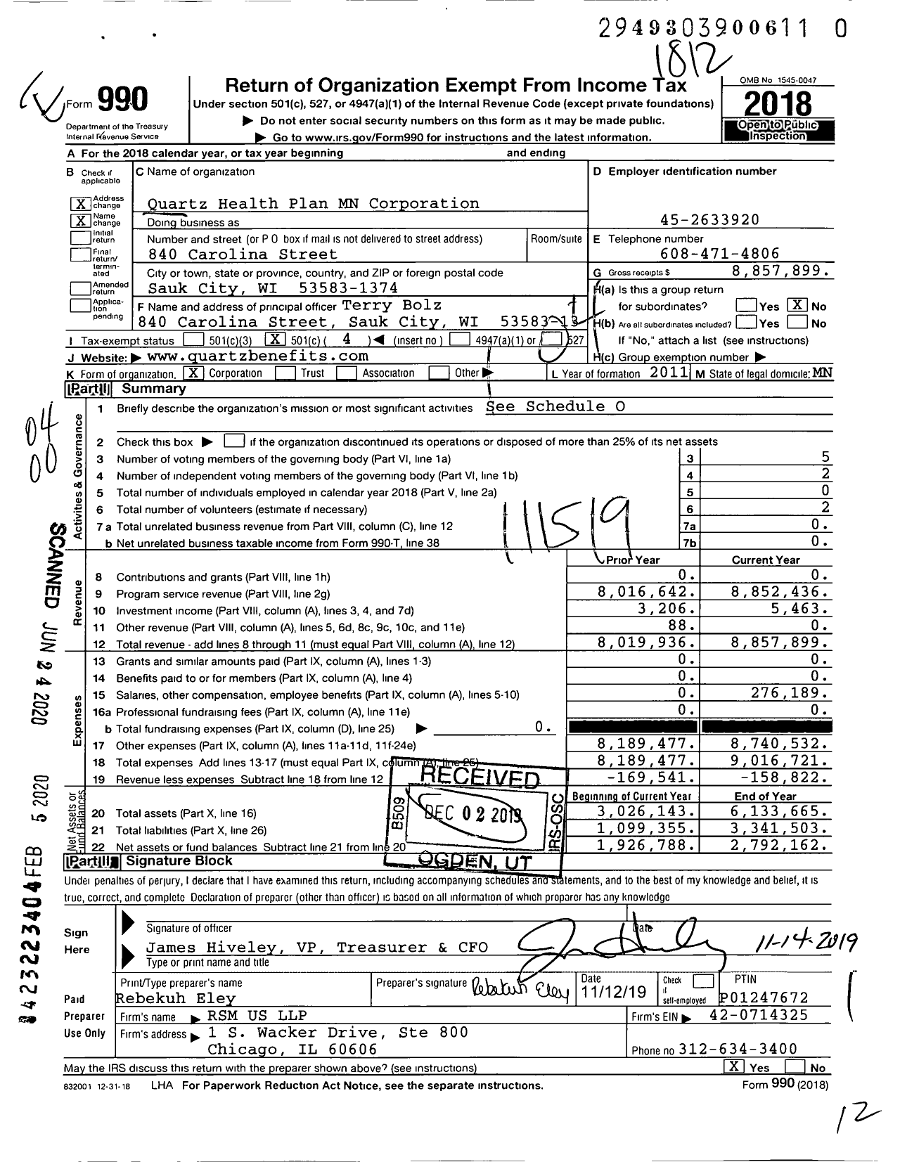 Image of first page of 2018 Form 990O for Quartz Health Plan MN Corporation