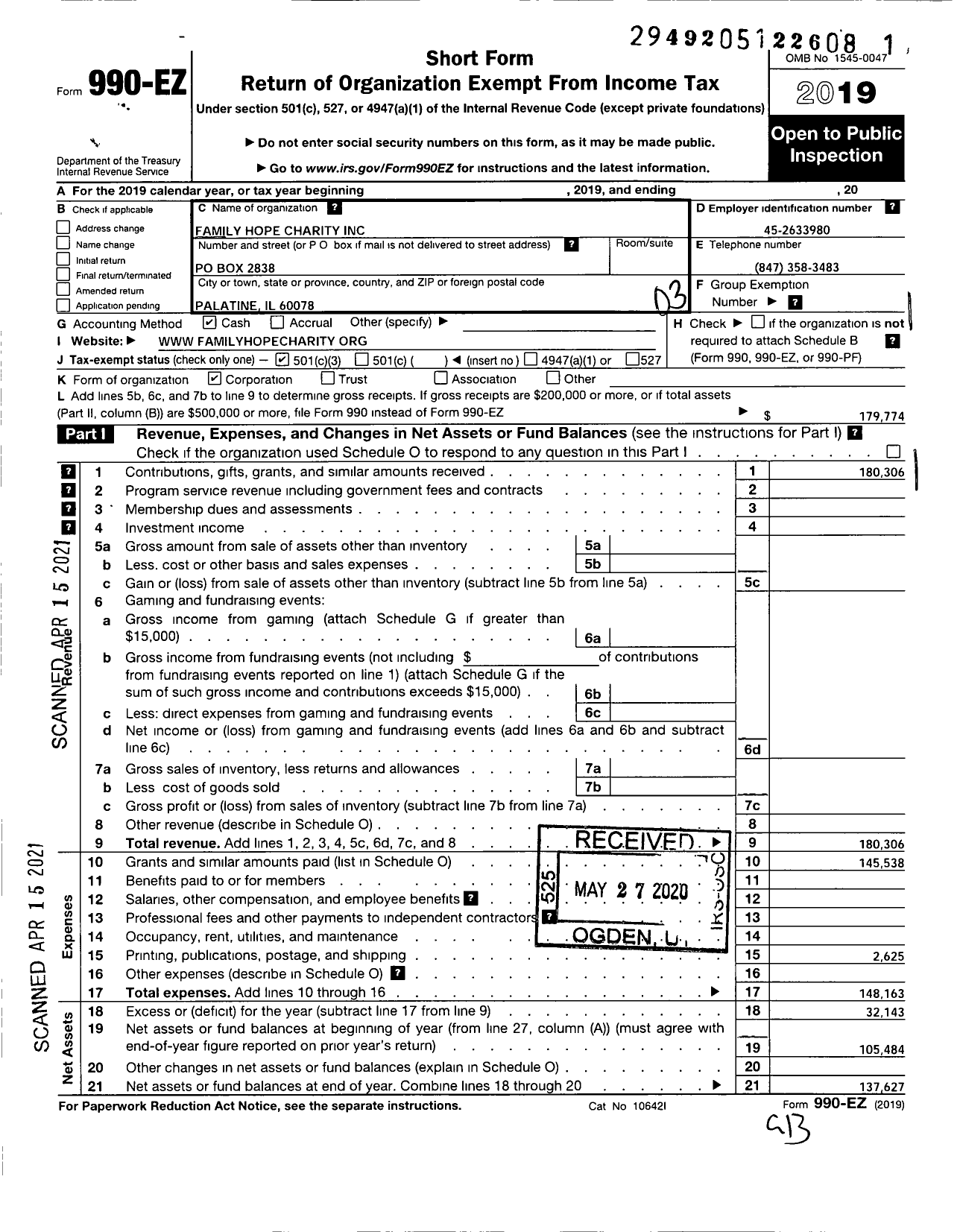 Image of first page of 2019 Form 990EZ for Family Hope Charity Incorporated