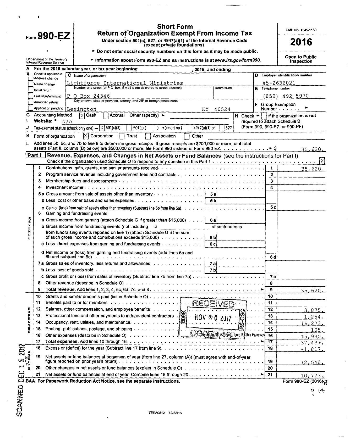 Image of first page of 2016 Form 990EZ for Lightforce International Ministries