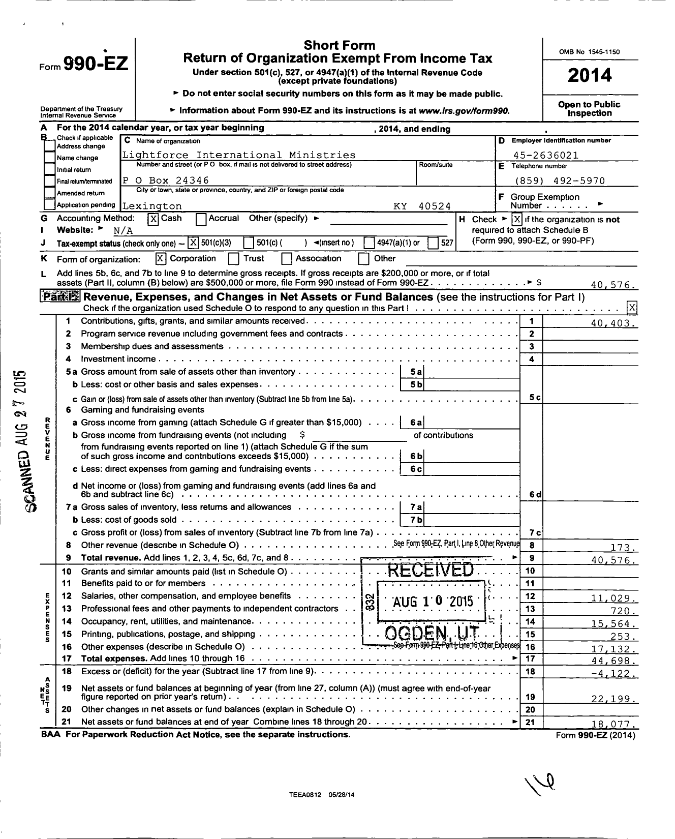 Image of first page of 2014 Form 990EZ for Lightforce International Ministries