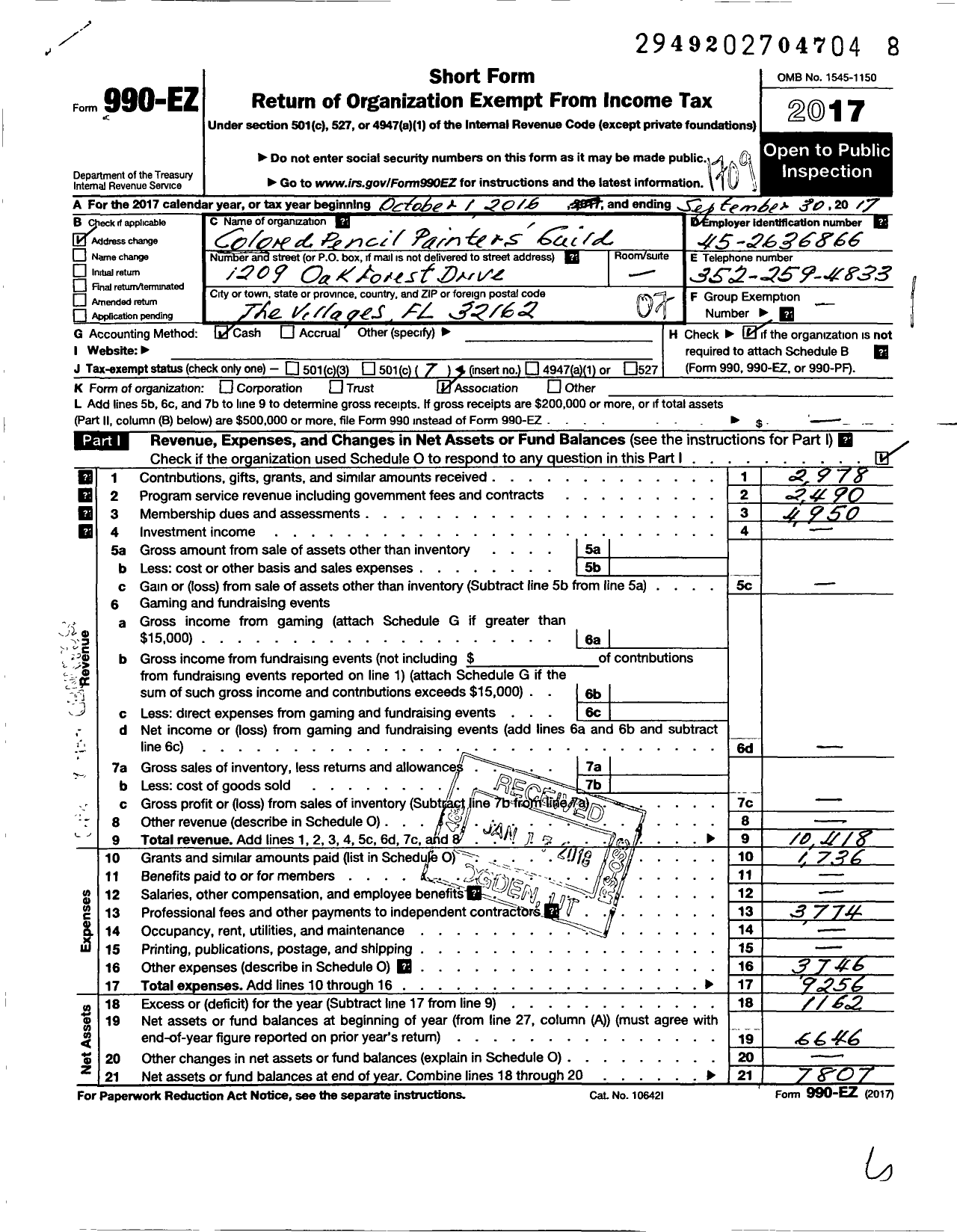 Image of first page of 2016 Form 990EO for Colored Pencil Painters Guild