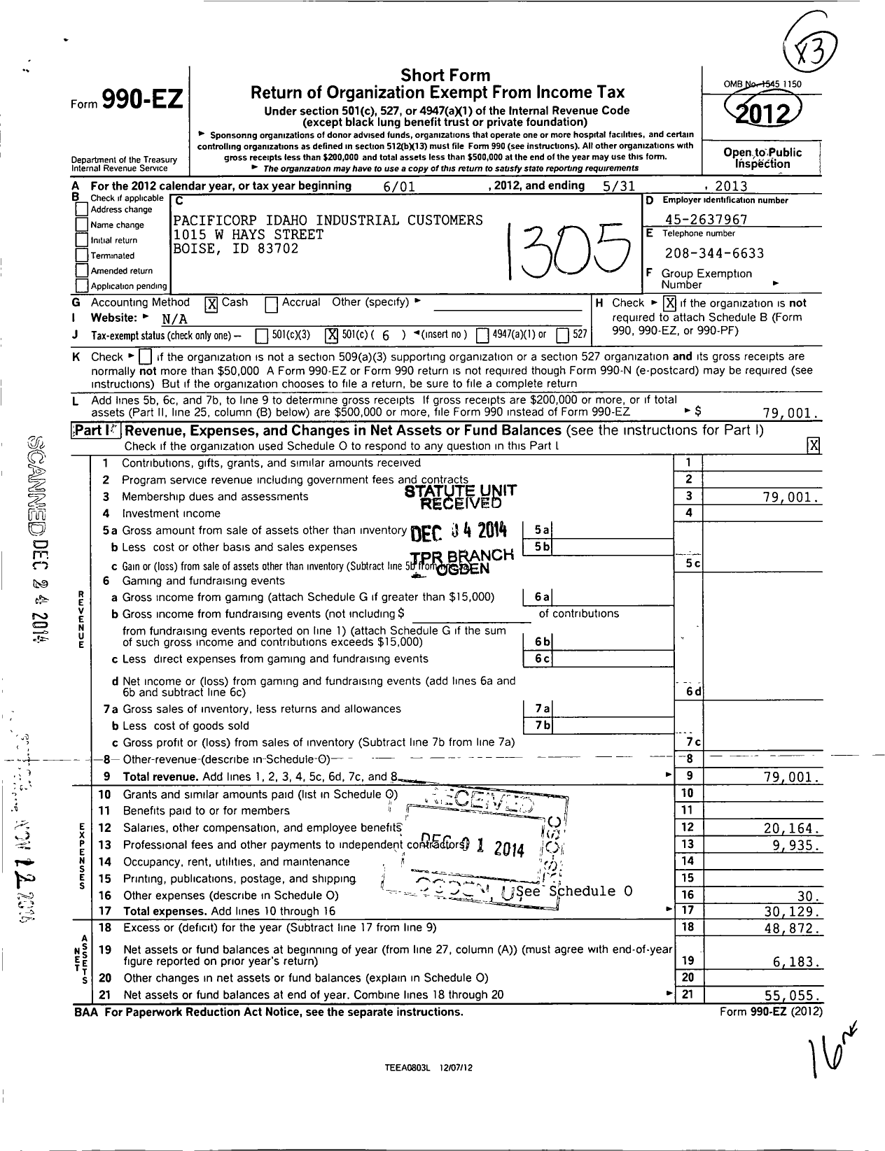 Image of first page of 2012 Form 990EO for Pacificorp Idaho Industrial Customers