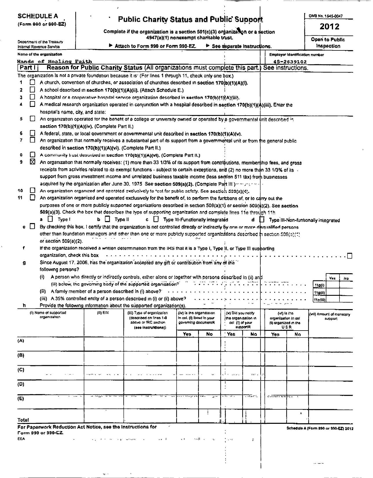 Image of first page of 2012 Form 990R for Hands of Healing Faith Center