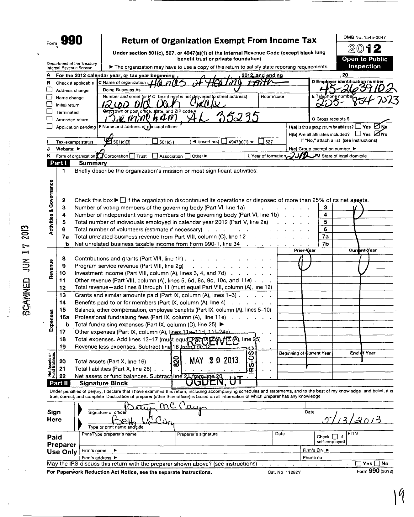 Image of first page of 2012 Form 990 for Hands of Healing Faith Center