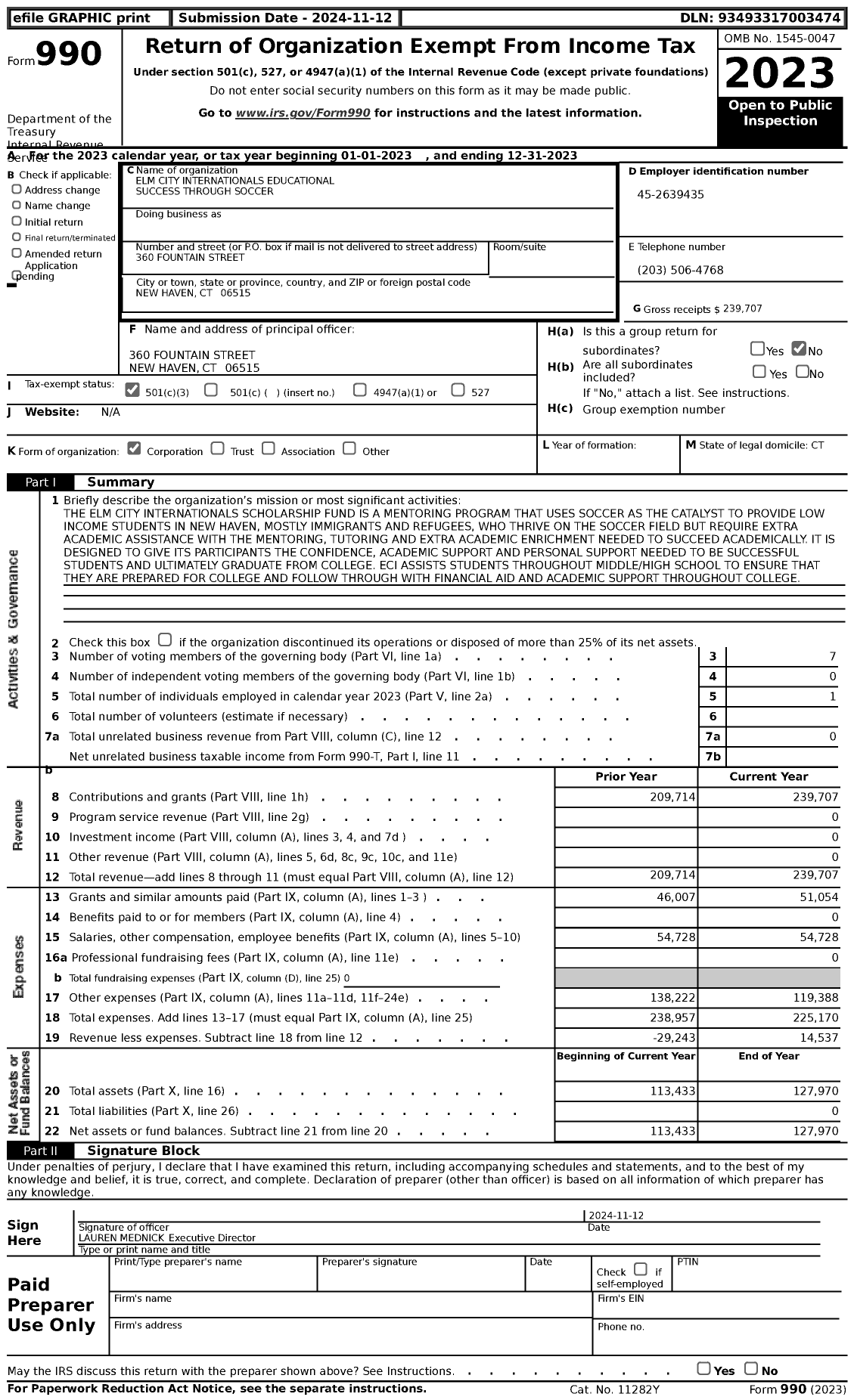 Image of first page of 2023 Form 990 for Elm City Internationals Educational Success Through Soccer